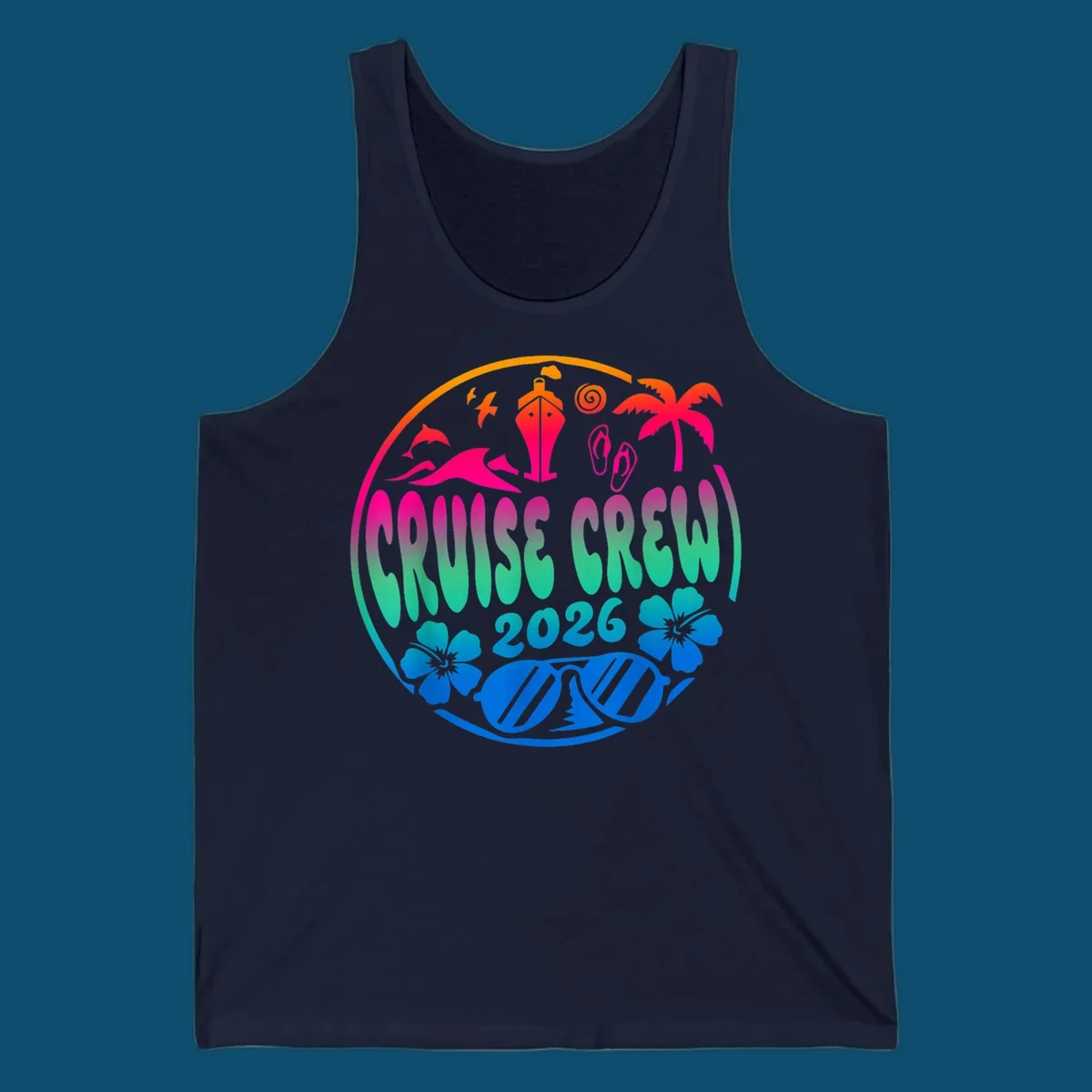 A colorful circular graphic for a family cruise crew 2026, featuring a ship, palm tree, dolphins, flowers, and sunglasses.