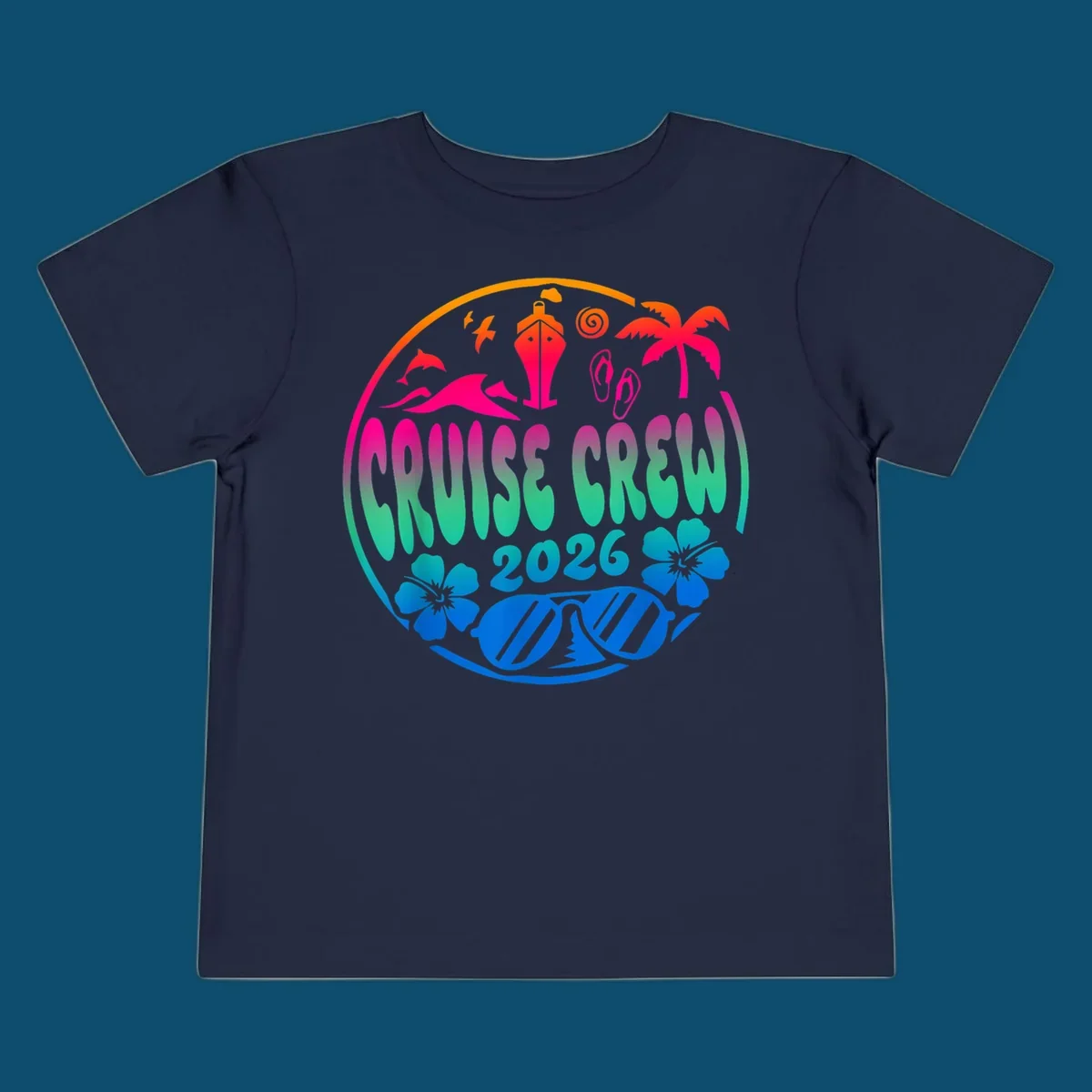 A colorful circular graphic for a family cruise crew 2026, featuring a ship, palm tree, dolphins, flowers, and sunglasses.