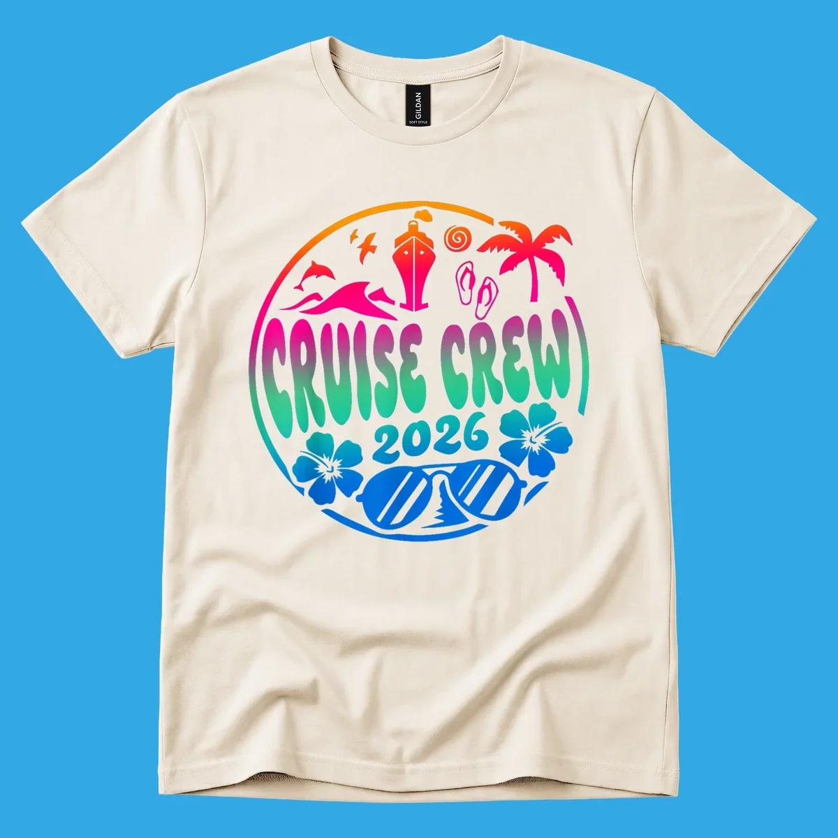 A colorful circular graphic for a family cruise crew 2026, featuring a ship, palm tree, dolphins, flowers, and sunglasses.