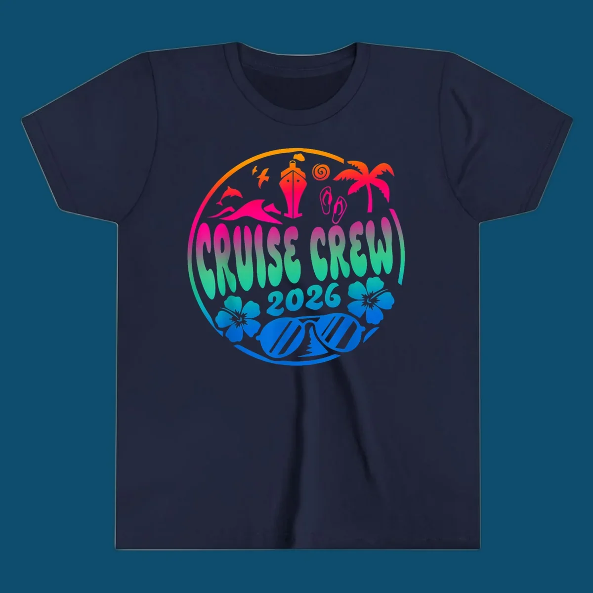 A colorful circular graphic for a family cruise crew 2026, featuring a ship, palm tree, dolphins, flowers, and sunglasses.