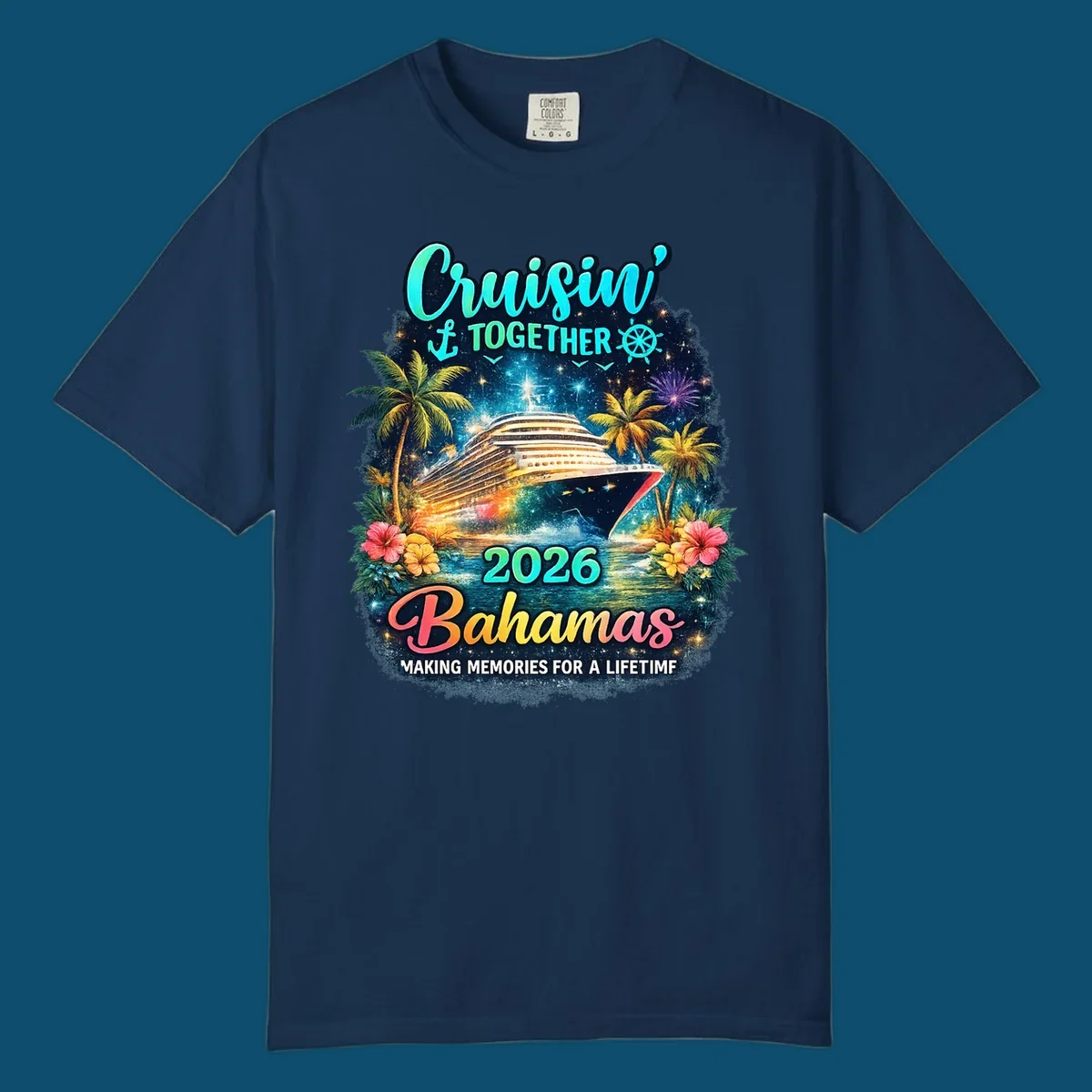 A vibrant cruise ship sails on sparkling water, framed by palm trees and tropical flowers, with "Cruisin' TOGETHER 2026 Bahamas" text.