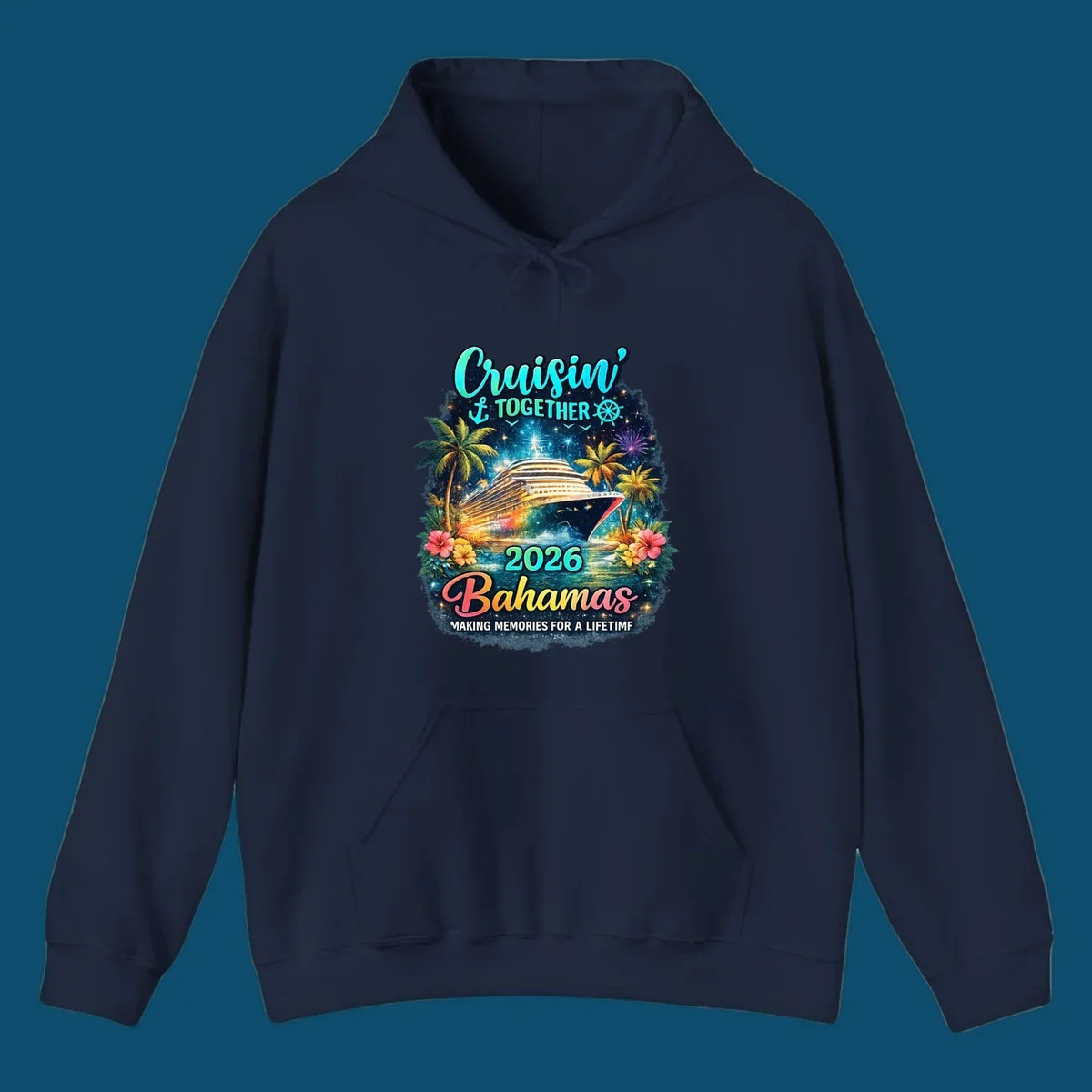 A vibrant cruise ship sails on sparkling water, framed by palm trees and tropical flowers, with "Cruisin' TOGETHER 2026 Bahamas" text.