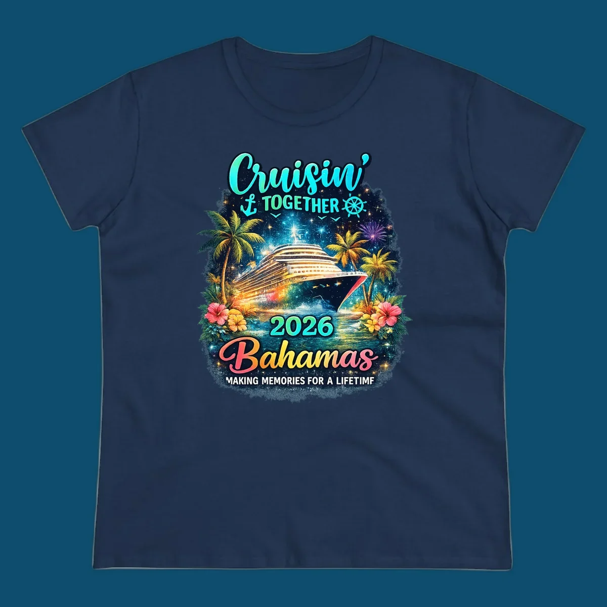A vibrant cruise ship sails on sparkling water, framed by palm trees and tropical flowers, with "Cruisin' TOGETHER 2026 Bahamas" text.