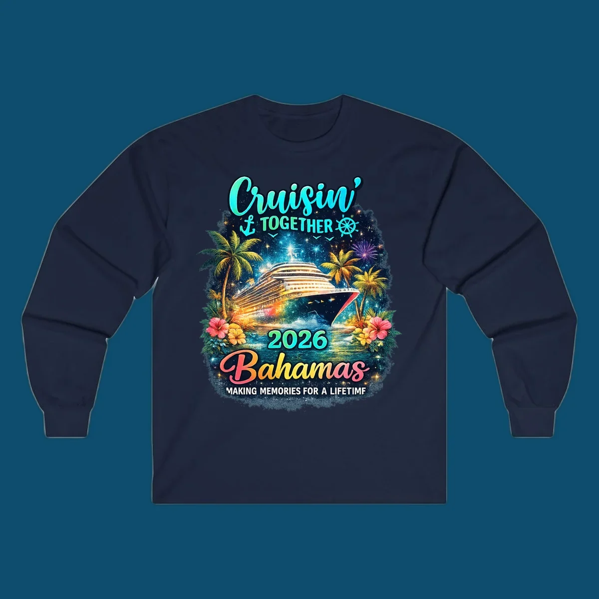 A vibrant cruise ship sails on sparkling water, framed by palm trees and tropical flowers, with "Cruisin' TOGETHER 2026 Bahamas" text.