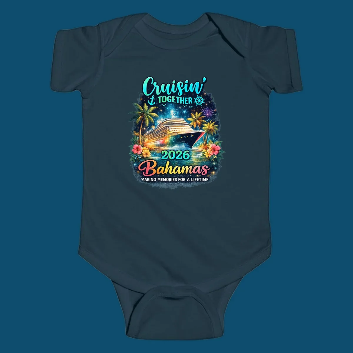 A vibrant cruise ship sails on sparkling water, framed by palm trees and tropical flowers, with "Cruisin' TOGETHER 2026 Bahamas" text.