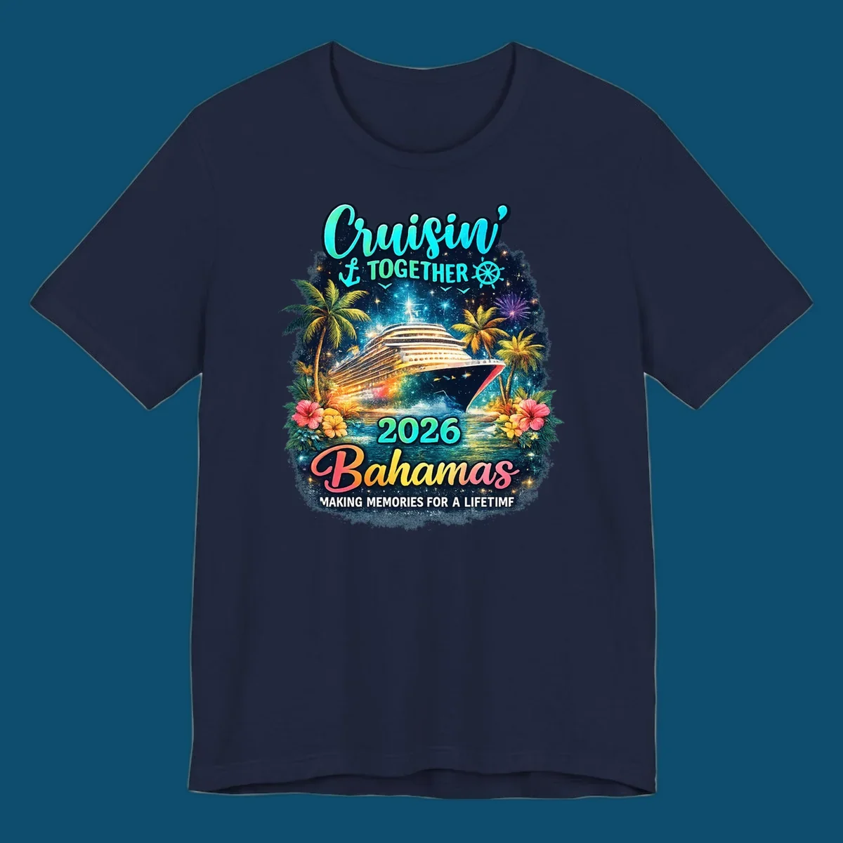 A vibrant cruise ship sails on sparkling water, framed by palm trees and tropical flowers, with "Cruisin' TOGETHER 2026 Bahamas" text.