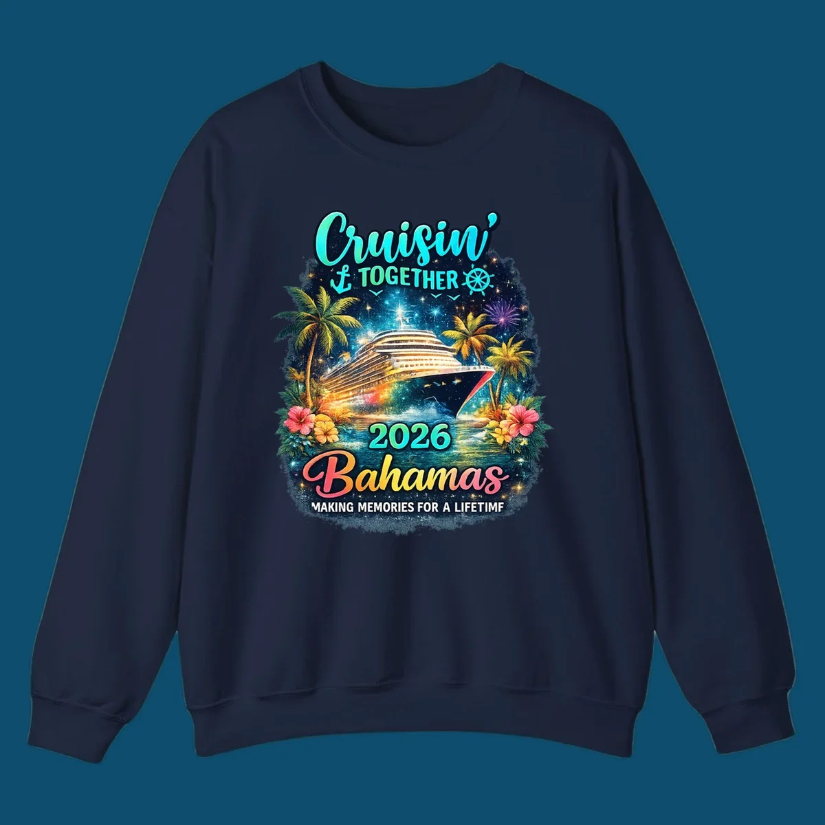 A vibrant cruise ship sails on sparkling water, framed by palm trees and tropical flowers, with "Cruisin' TOGETHER 2026 Bahamas" text.