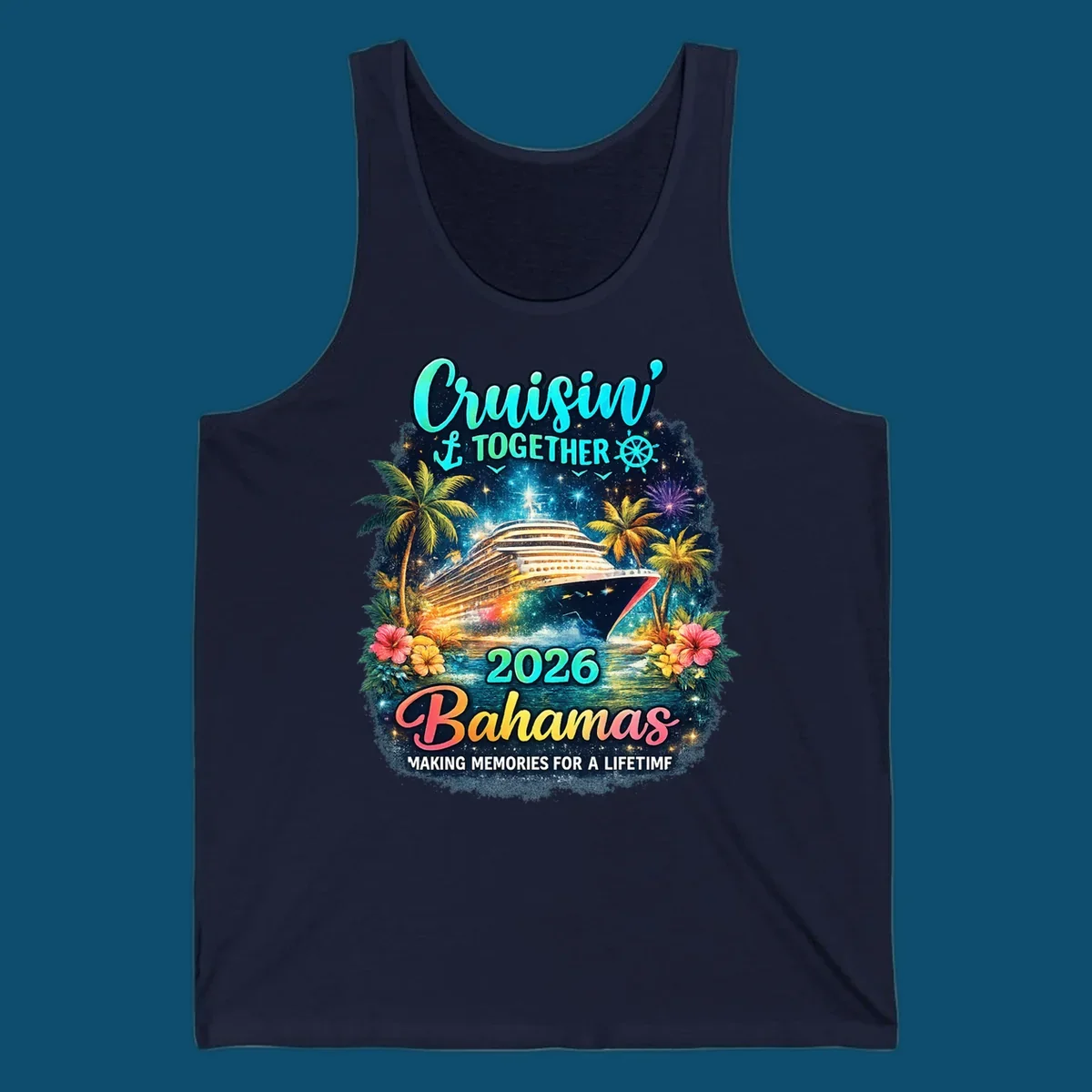 A vibrant cruise ship sails on sparkling water, framed by palm trees and tropical flowers, with "Cruisin' TOGETHER 2026 Bahamas" text.
