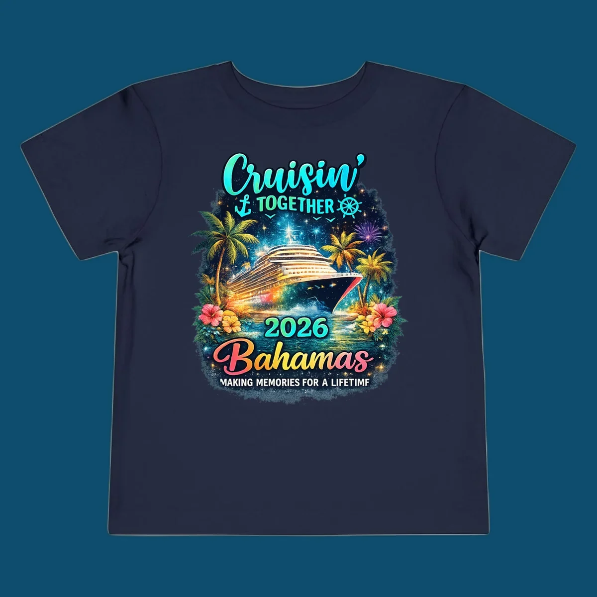 A vibrant cruise ship sails on sparkling water, framed by palm trees and tropical flowers, with "Cruisin' TOGETHER 2026 Bahamas" text.