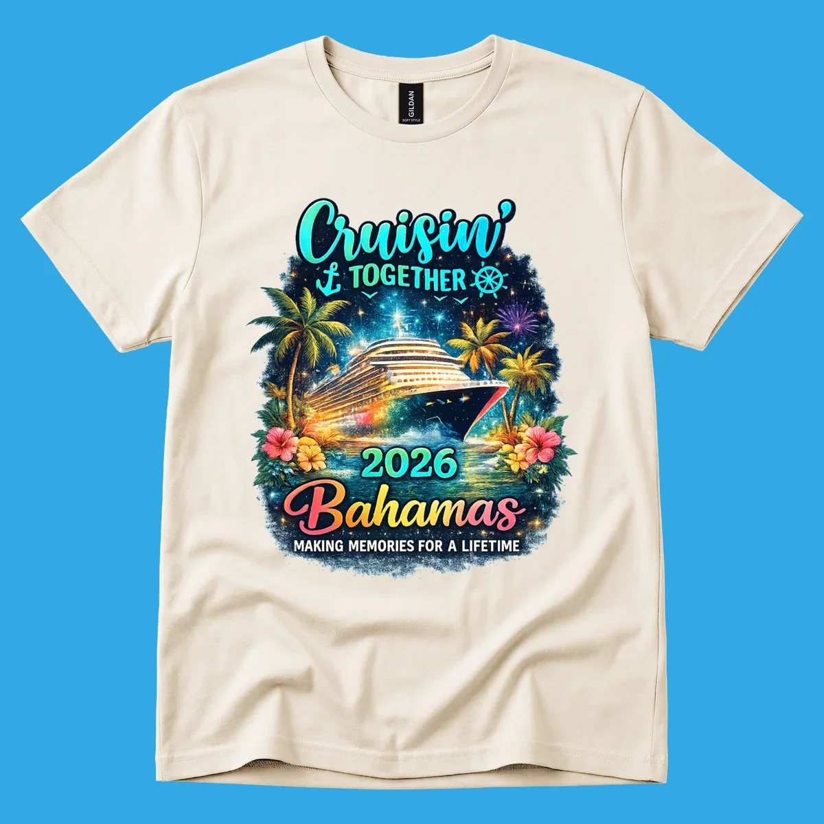 A vibrant cruise ship sails on sparkling water, framed by palm trees and tropical flowers, with "Cruisin' TOGETHER 2026 Bahamas" text.