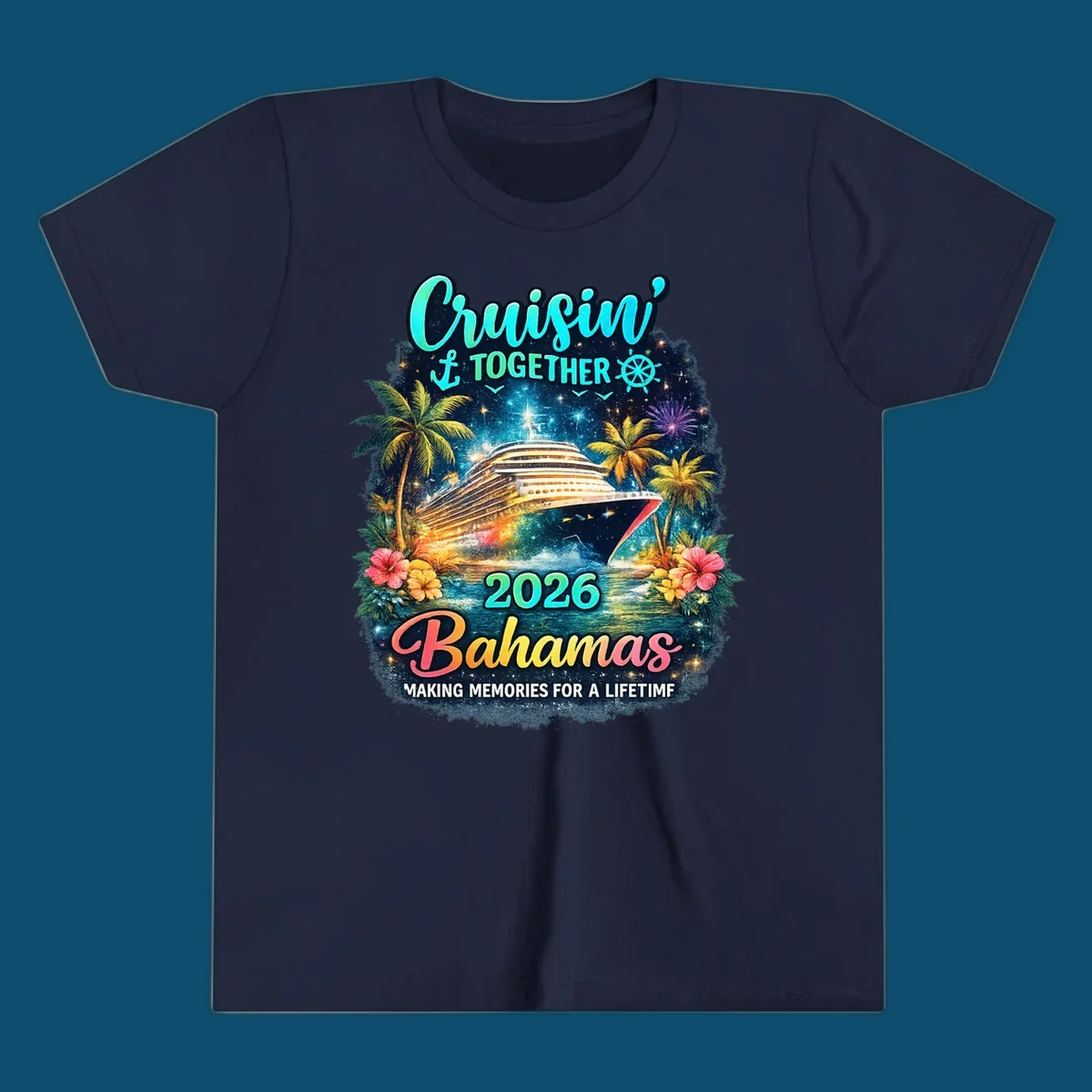 A vibrant cruise ship sails on sparkling water, framed by palm trees and tropical flowers, with "Cruisin' TOGETHER 2026 Bahamas" text.