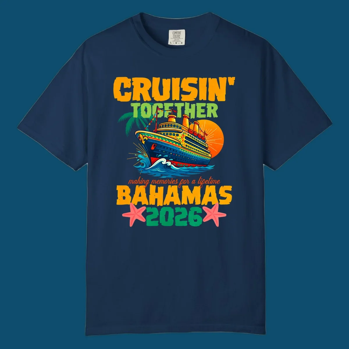A colorful cruise ship with palm trees and sun, and text 'CRUISIN' TOGETHER BAHAMAS 2026' for a bahamas-cruise-2026.