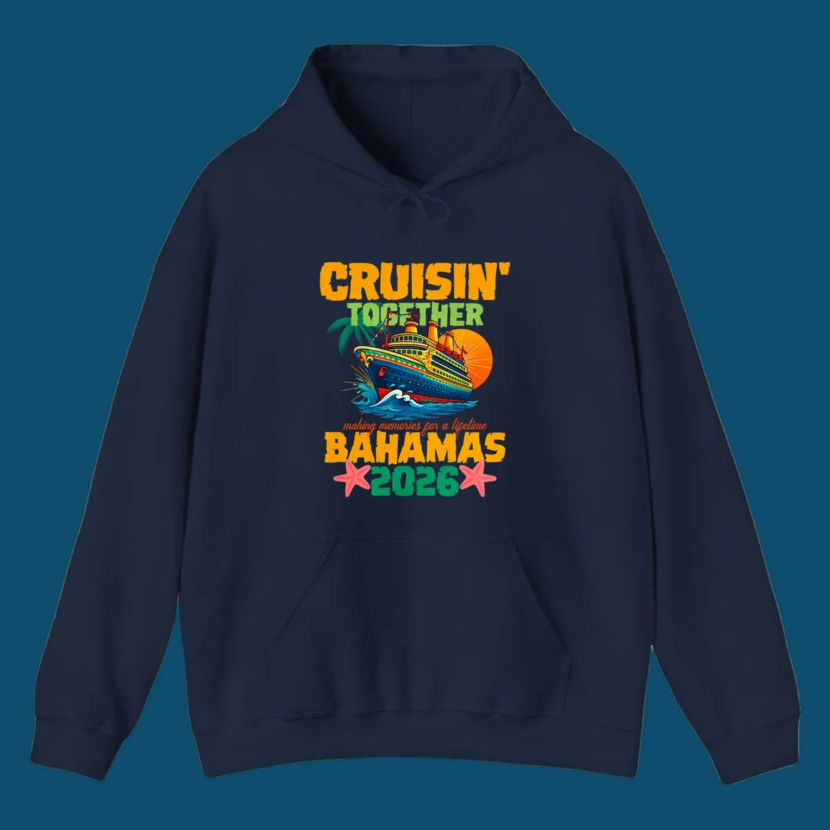 A colorful cruise ship with palm trees and sun, and text 'CRUISIN' TOGETHER BAHAMAS 2026' for a bahamas-cruise-2026.