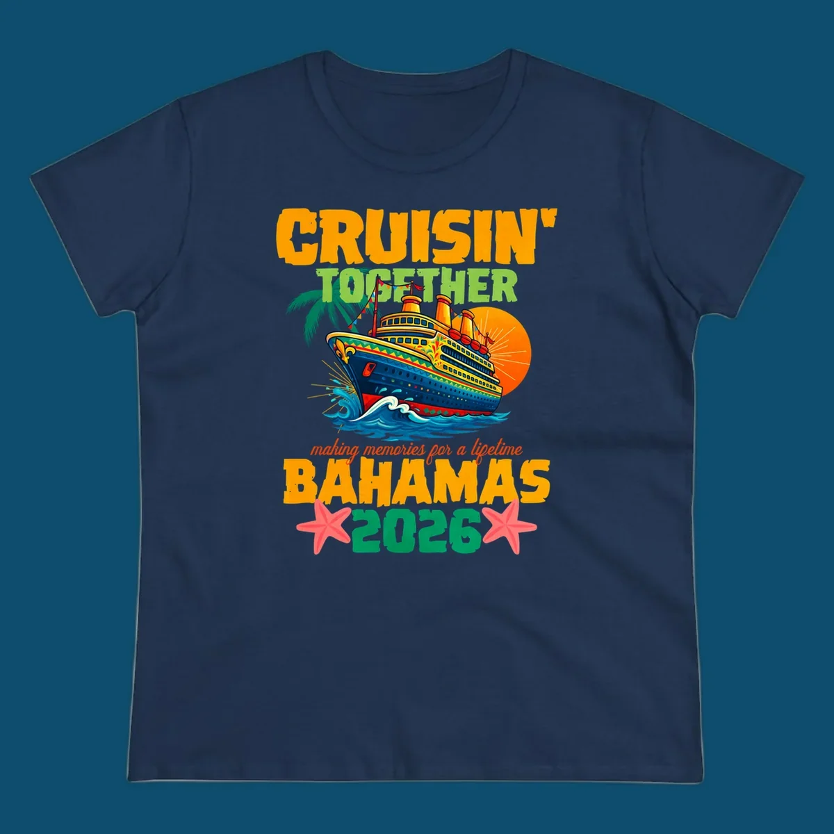A colorful cruise ship with palm trees and sun, and text 'CRUISIN' TOGETHER BAHAMAS 2026' for a bahamas-cruise-2026.