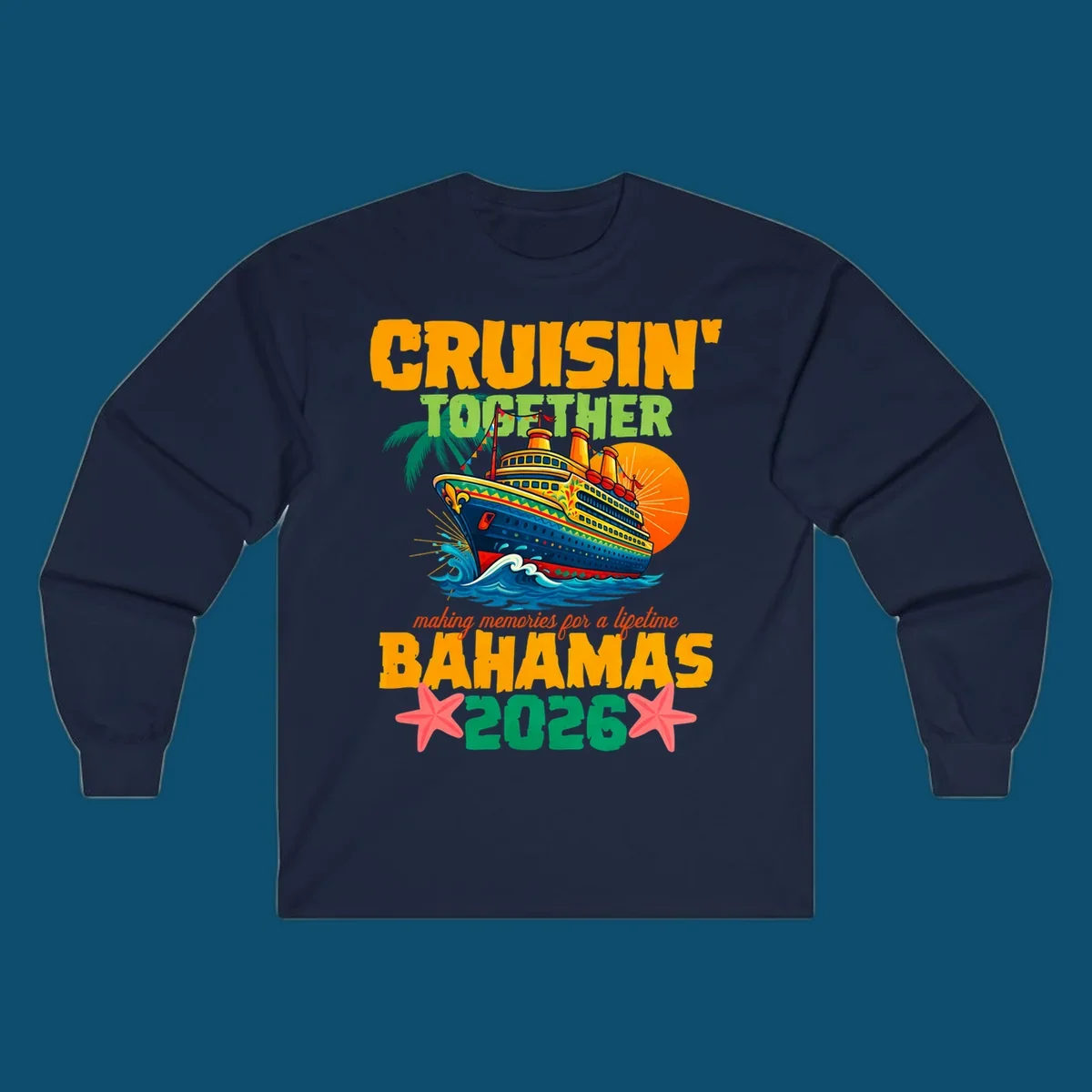 A colorful cruise ship with palm trees and sun, and text 'CRUISIN' TOGETHER BAHAMAS 2026' for a bahamas-cruise-2026.