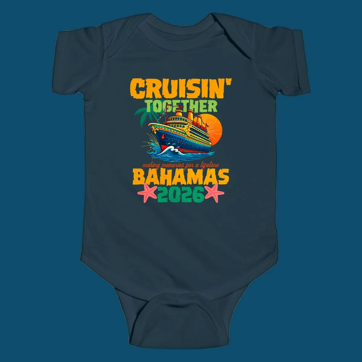 A colorful cruise ship with palm trees and sun, and text 'CRUISIN' TOGETHER BAHAMAS 2026' for a bahamas-cruise-2026.