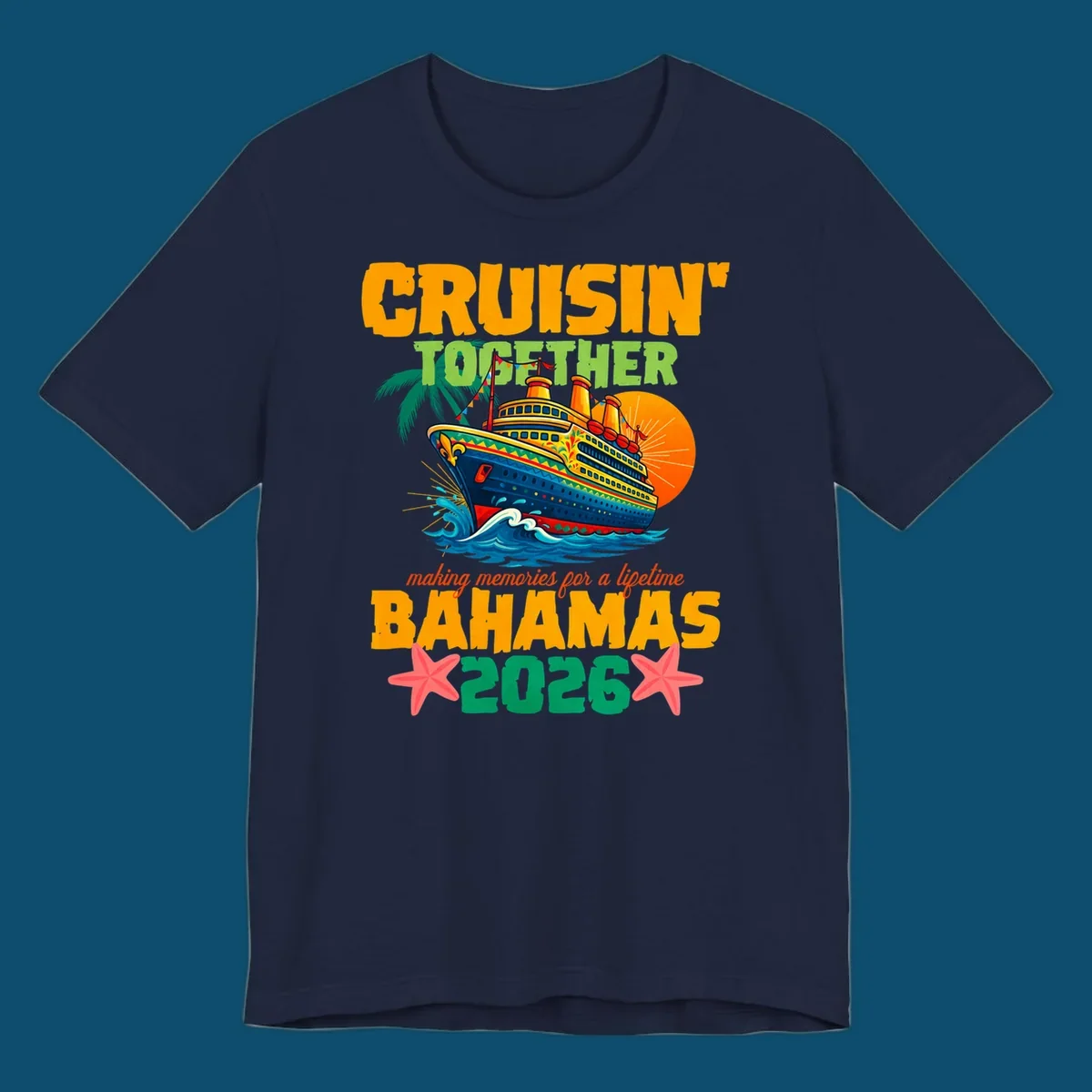 A colorful cruise ship with palm trees and sun, and text 'CRUISIN' TOGETHER BAHAMAS 2026' for a bahamas-cruise-2026.