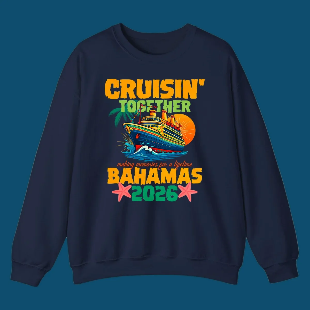 A colorful cruise ship with palm trees and sun, and text 'CRUISIN' TOGETHER BAHAMAS 2026' for a bahamas-cruise-2026.