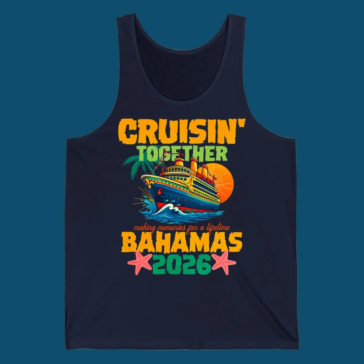 A colorful cruise ship with palm trees and sun, and text 'CRUISIN' TOGETHER BAHAMAS 2026' for a bahamas-cruise-2026.