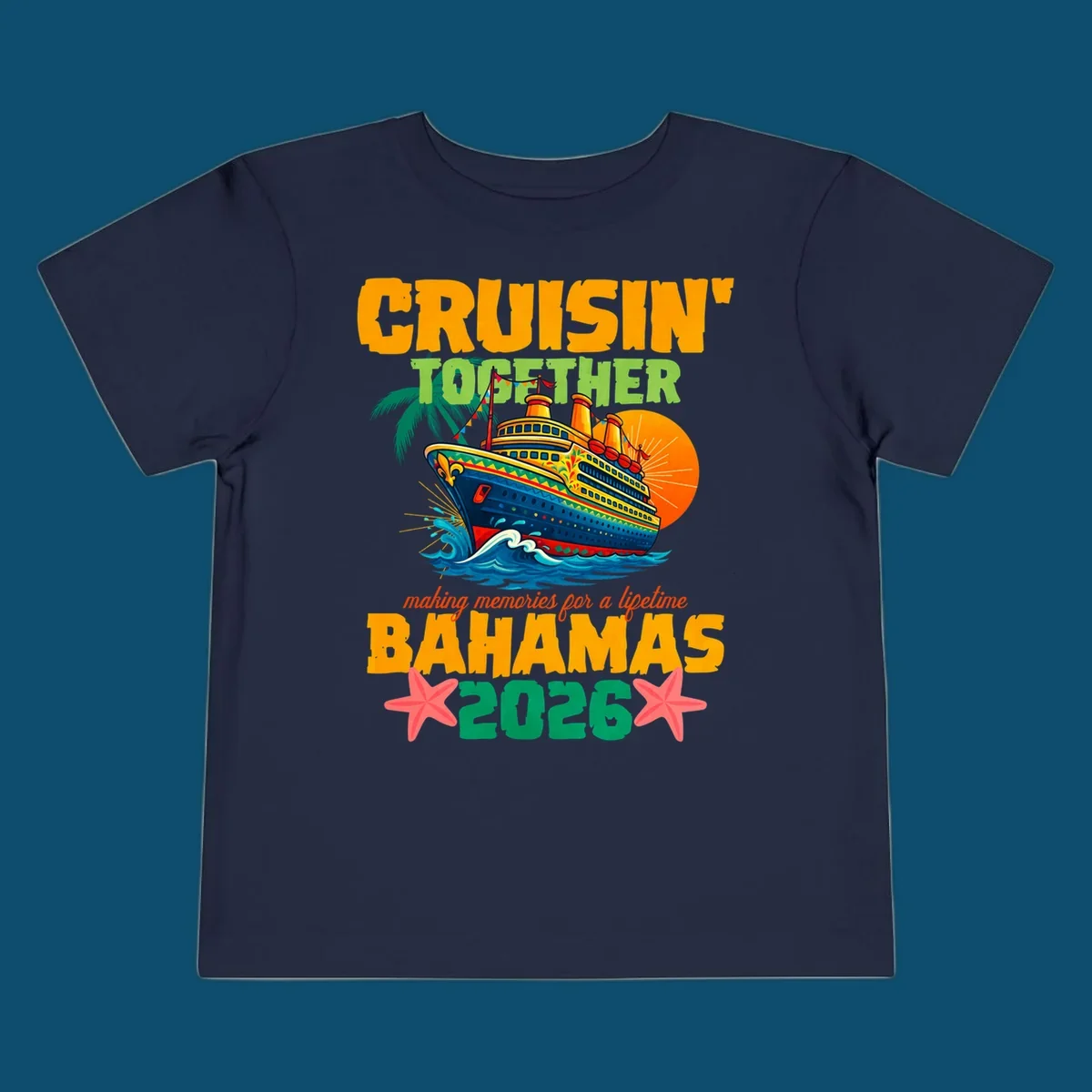A colorful cruise ship with palm trees and sun, and text 'CRUISIN' TOGETHER BAHAMAS 2026' for a bahamas-cruise-2026.