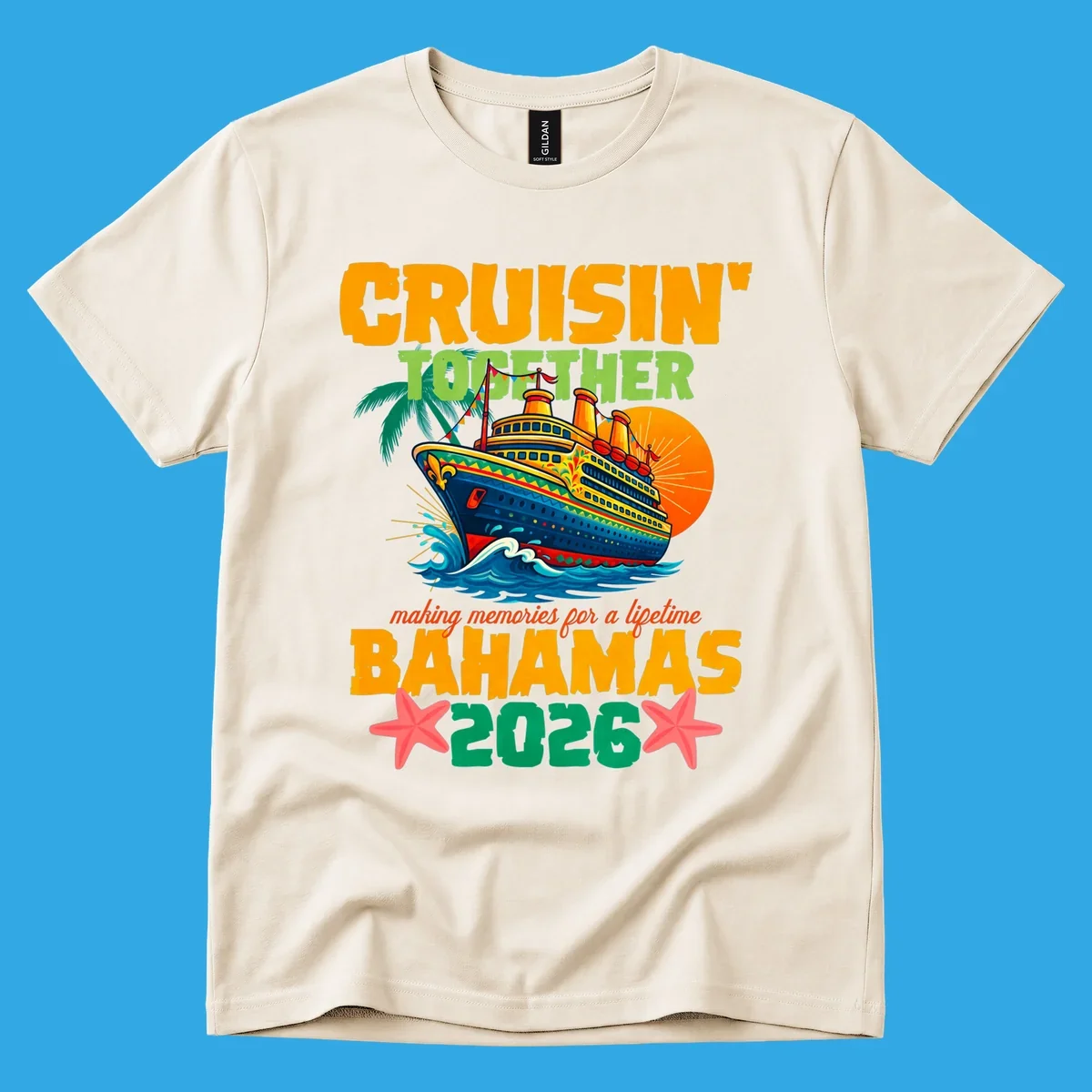 A colorful cruise ship with palm trees and sun, and text 'CRUISIN' TOGETHER BAHAMAS 2026' for a bahamas-cruise-2026.