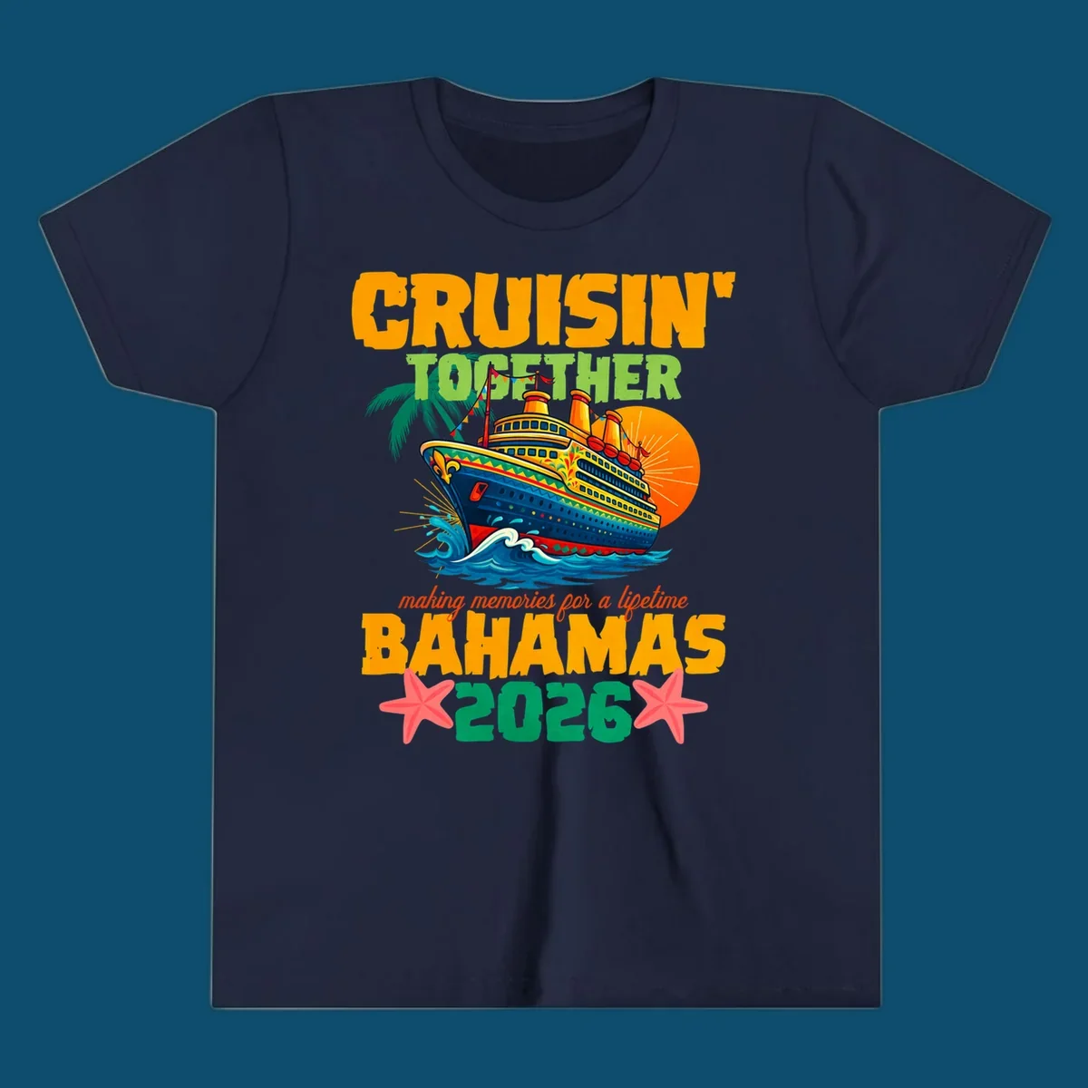 A colorful cruise ship with palm trees and sun, and text 'CRUISIN' TOGETHER BAHAMAS 2026' for a bahamas-cruise-2026.