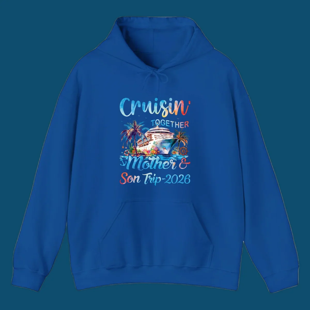 A colorful cruise ship between tropical islands with palm trees and flowers, with "Cruisin' TOGETHER Mother & Son Trip 2026" text, ideal for a mother-son-trip-cruise.