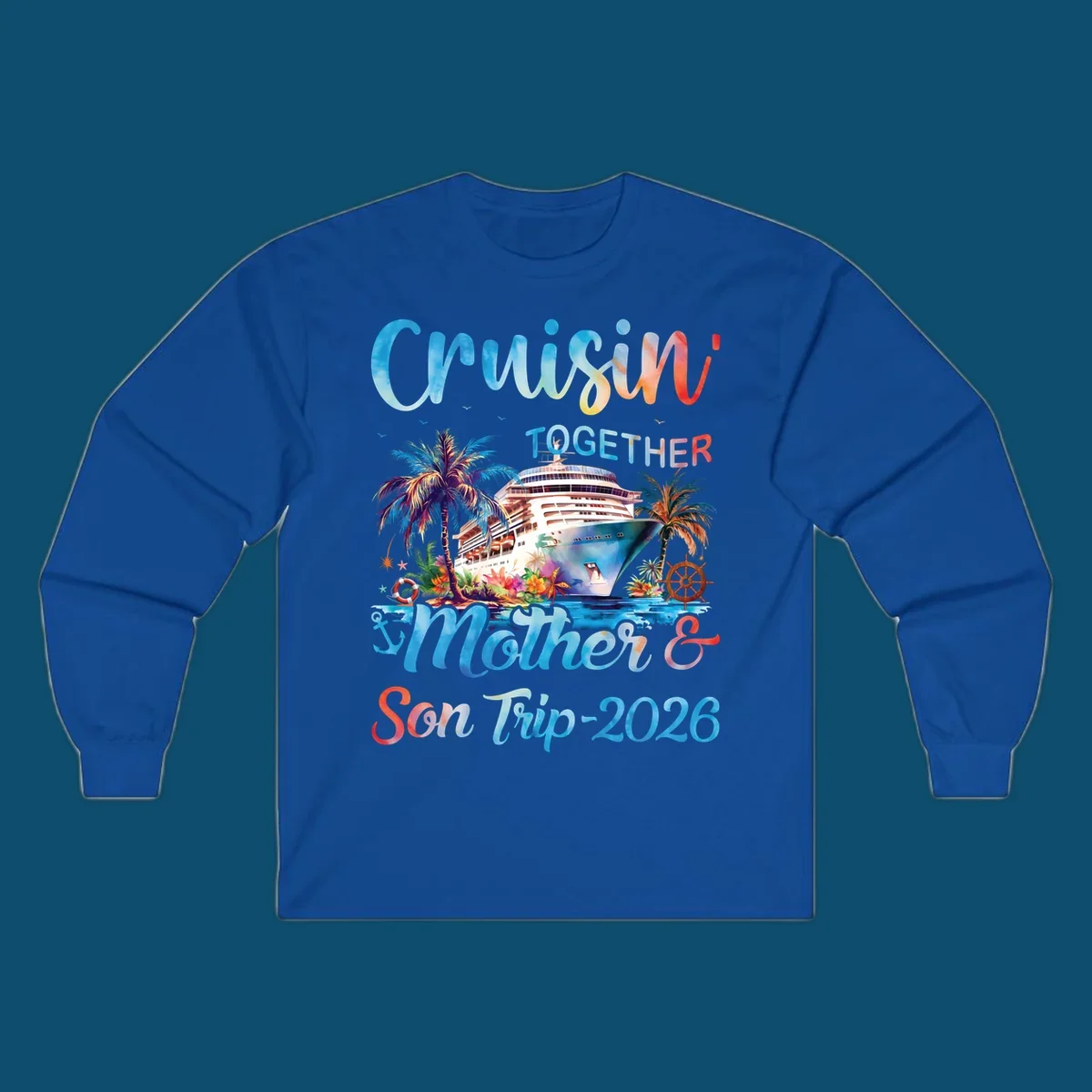 A colorful cruise ship between tropical islands with palm trees and flowers, with "Cruisin' TOGETHER Mother & Son Trip 2026" text, ideal for a mother-son-trip-cruise.