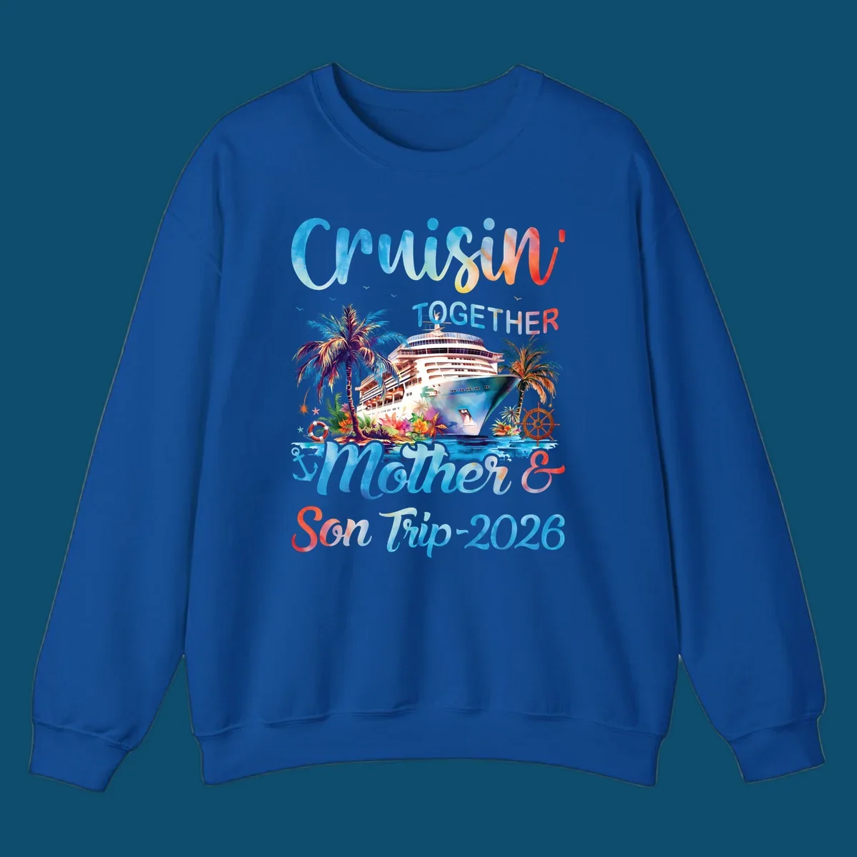 A colorful cruise ship between tropical islands with palm trees and flowers, with "Cruisin' TOGETHER Mother & Son Trip 2026" text, ideal for a mother-son-trip-cruise.