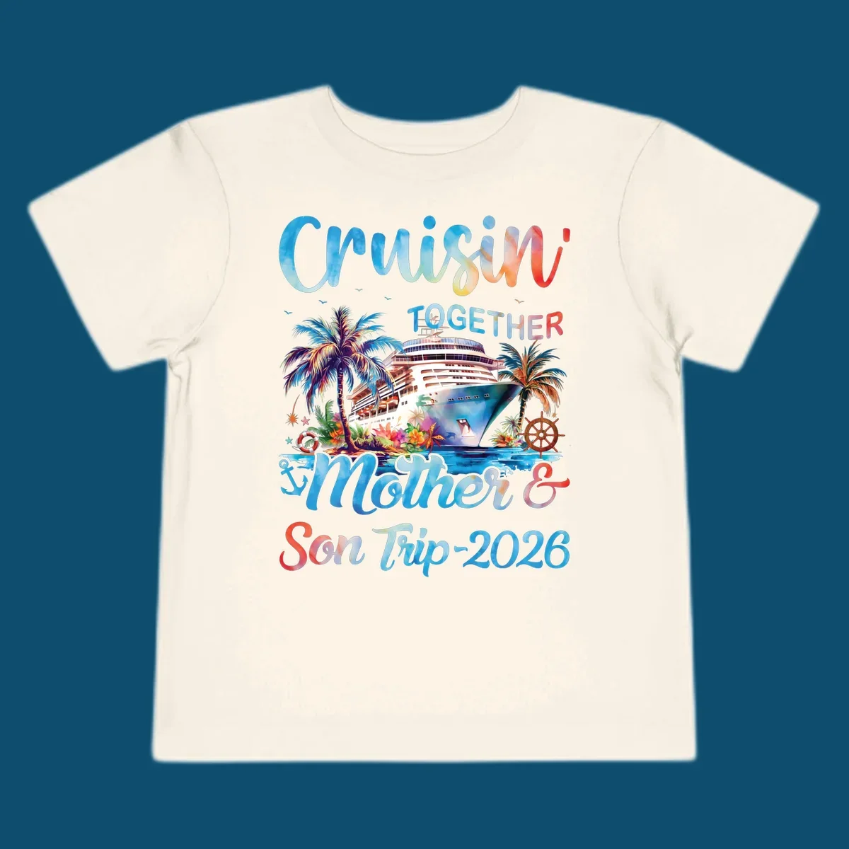 A colorful cruise ship between tropical islands with palm trees and flowers, with "Cruisin' TOGETHER Mother & Son Trip 2026" text, ideal for a mother-son-trip-cruise.