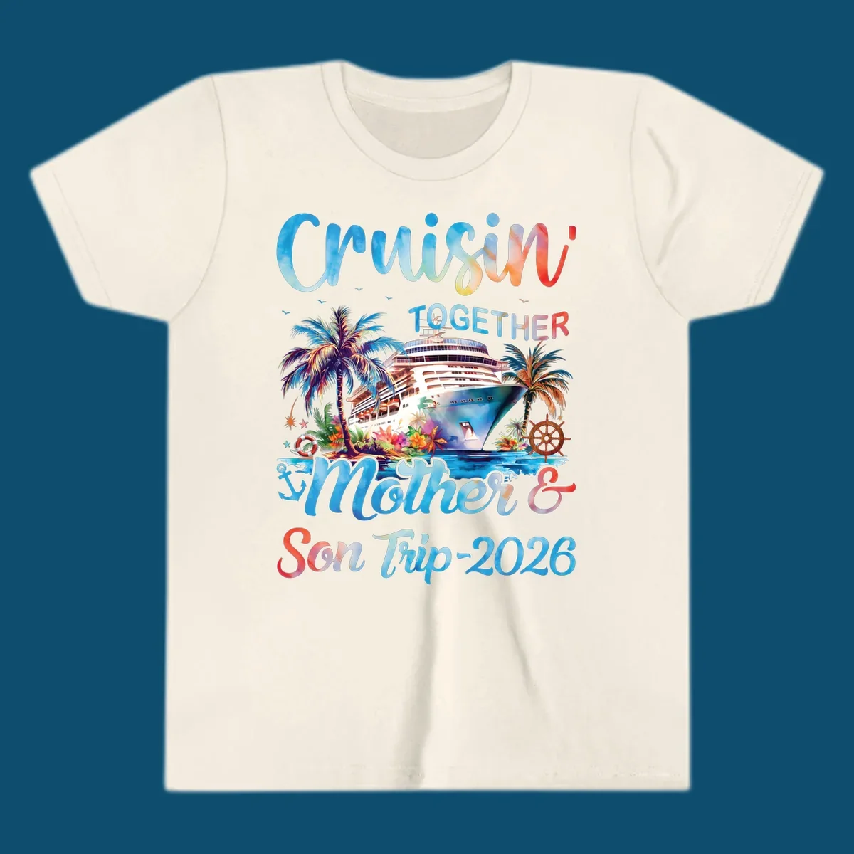 A colorful cruise ship between tropical islands with palm trees and flowers, with "Cruisin' TOGETHER Mother & Son Trip 2026" text, ideal for a mother-son-trip-cruise.