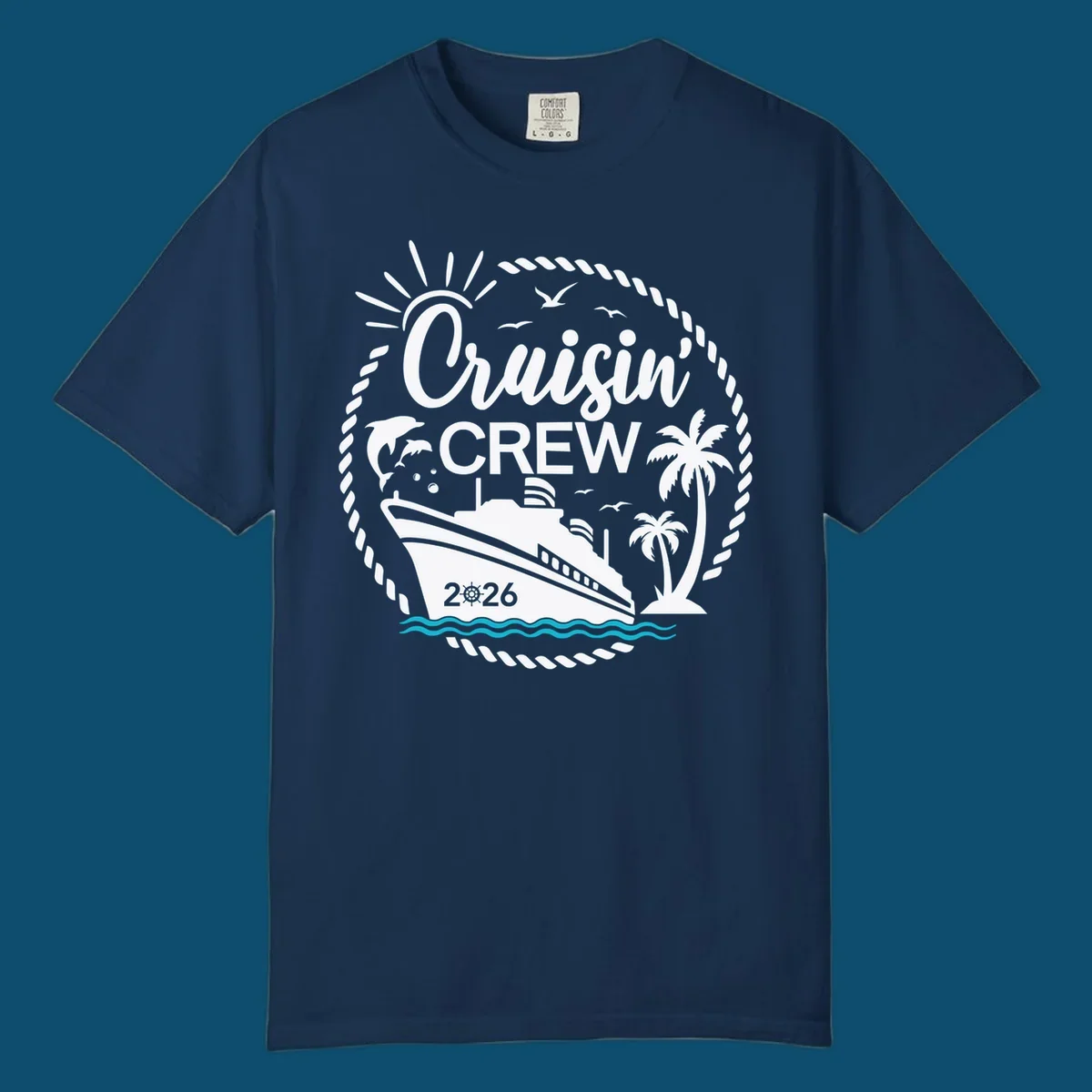 A circular Cruisin' Crew 2026 design with a cruise ship, dolphin, palm trees, sun, and rope border.