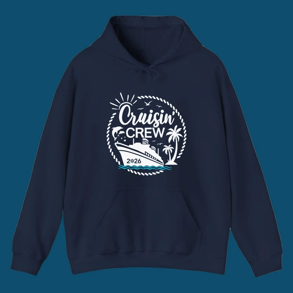 A circular Cruisin' Crew 2026 design with a cruise ship, dolphin, palm trees, sun, and rope border.