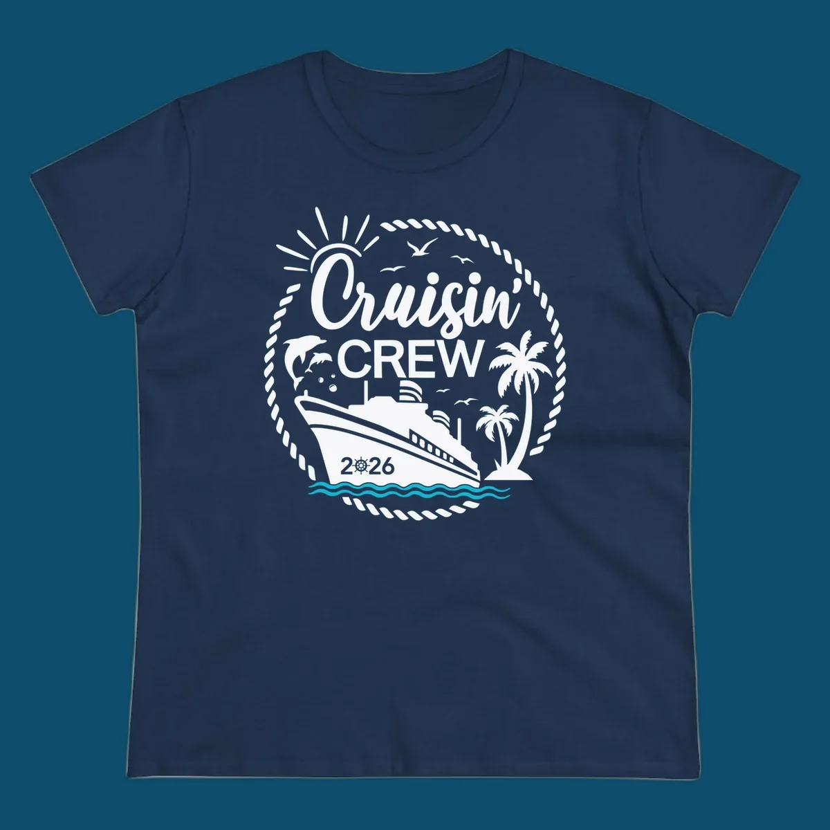 A circular Cruisin' Crew 2026 design with a cruise ship, dolphin, palm trees, sun, and rope border.