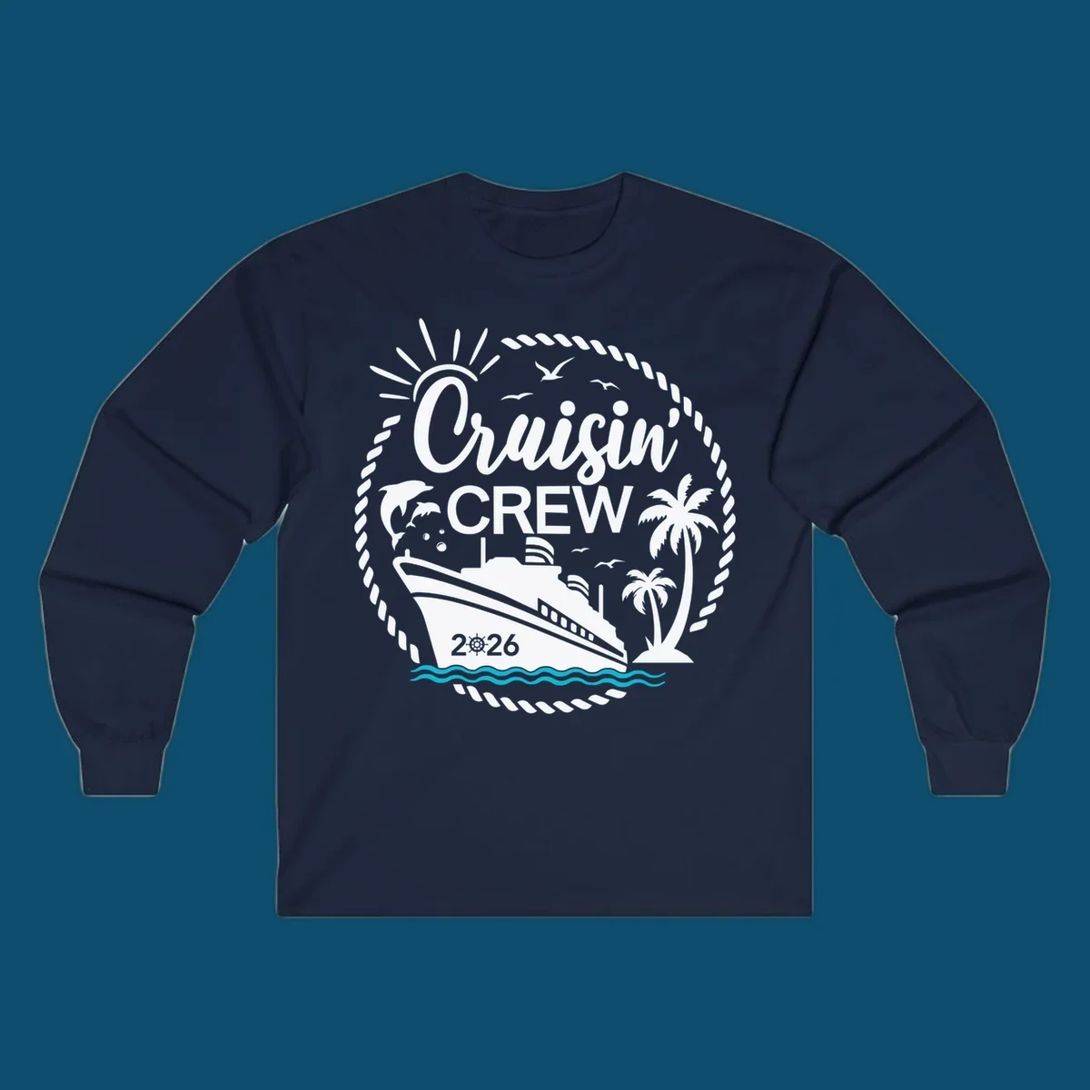 A circular Cruisin' Crew 2026 design with a cruise ship, dolphin, palm trees, sun, and rope border.