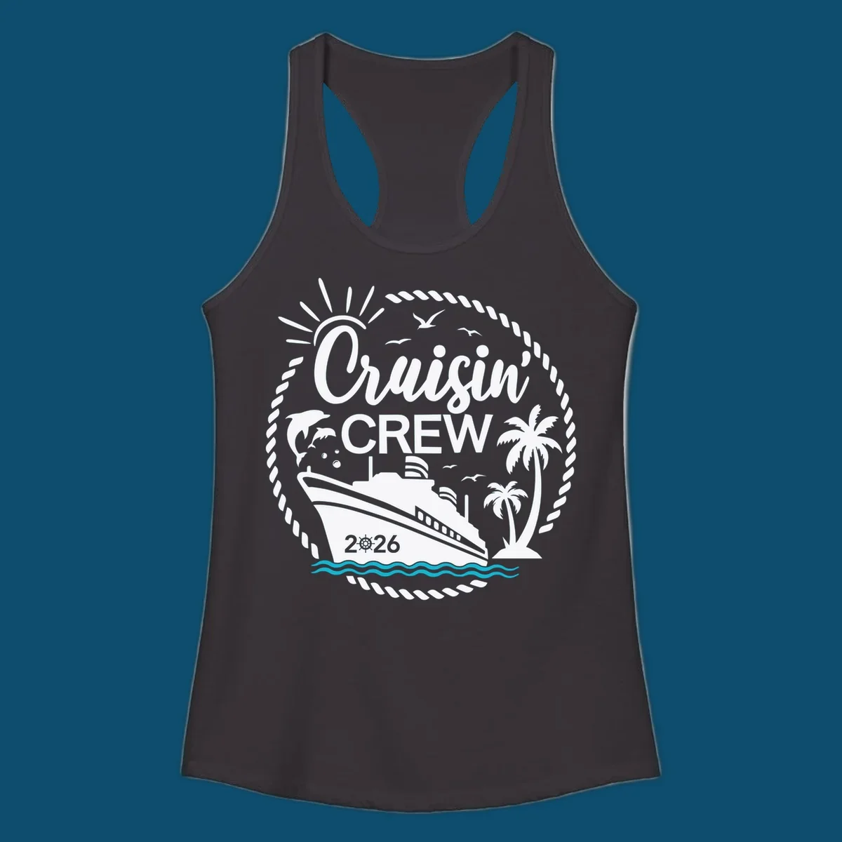 A circular Cruisin' Crew 2026 design with a cruise ship, dolphin, palm trees, sun, and rope border.