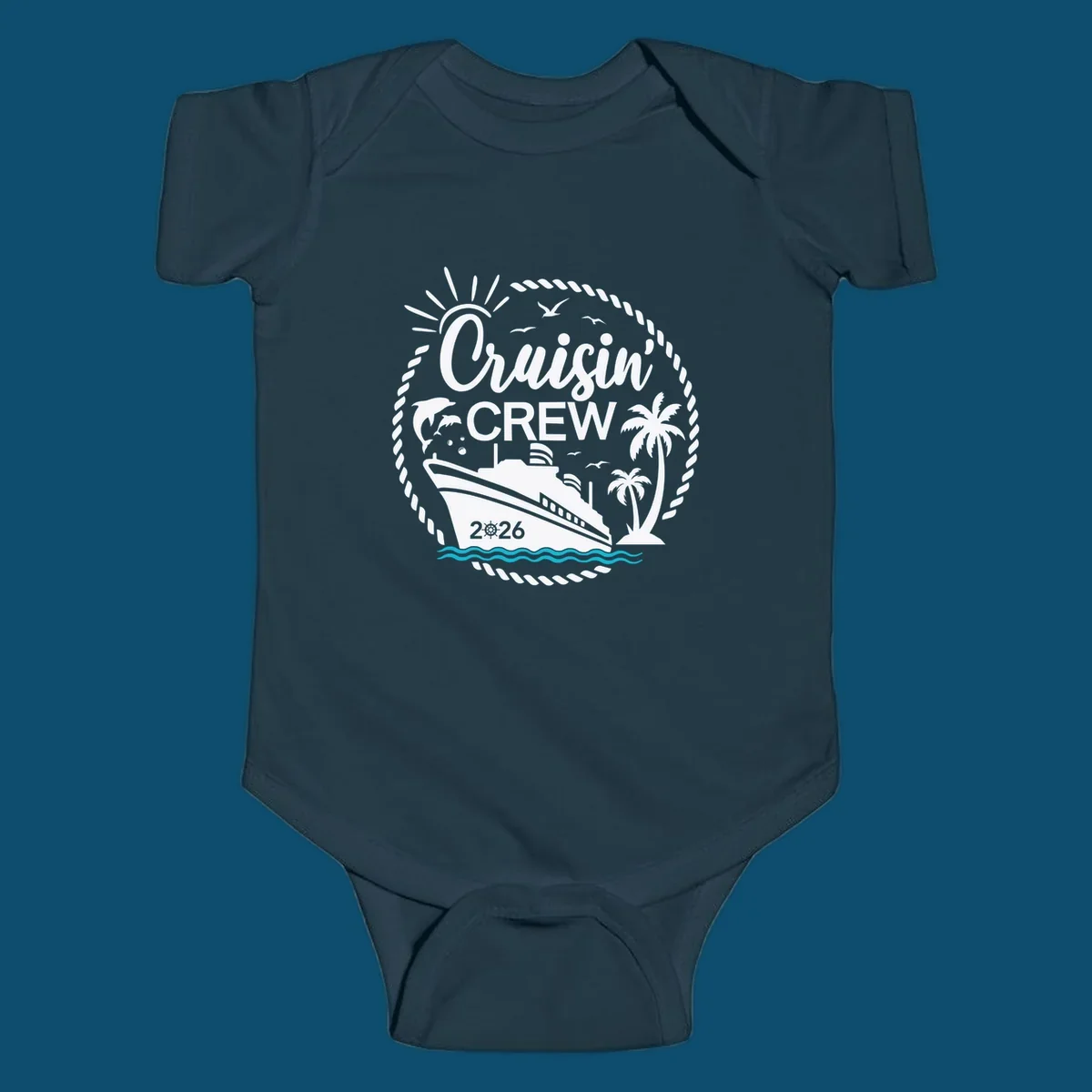 A circular Cruisin' Crew 2026 design with a cruise ship, dolphin, palm trees, sun, and rope border.