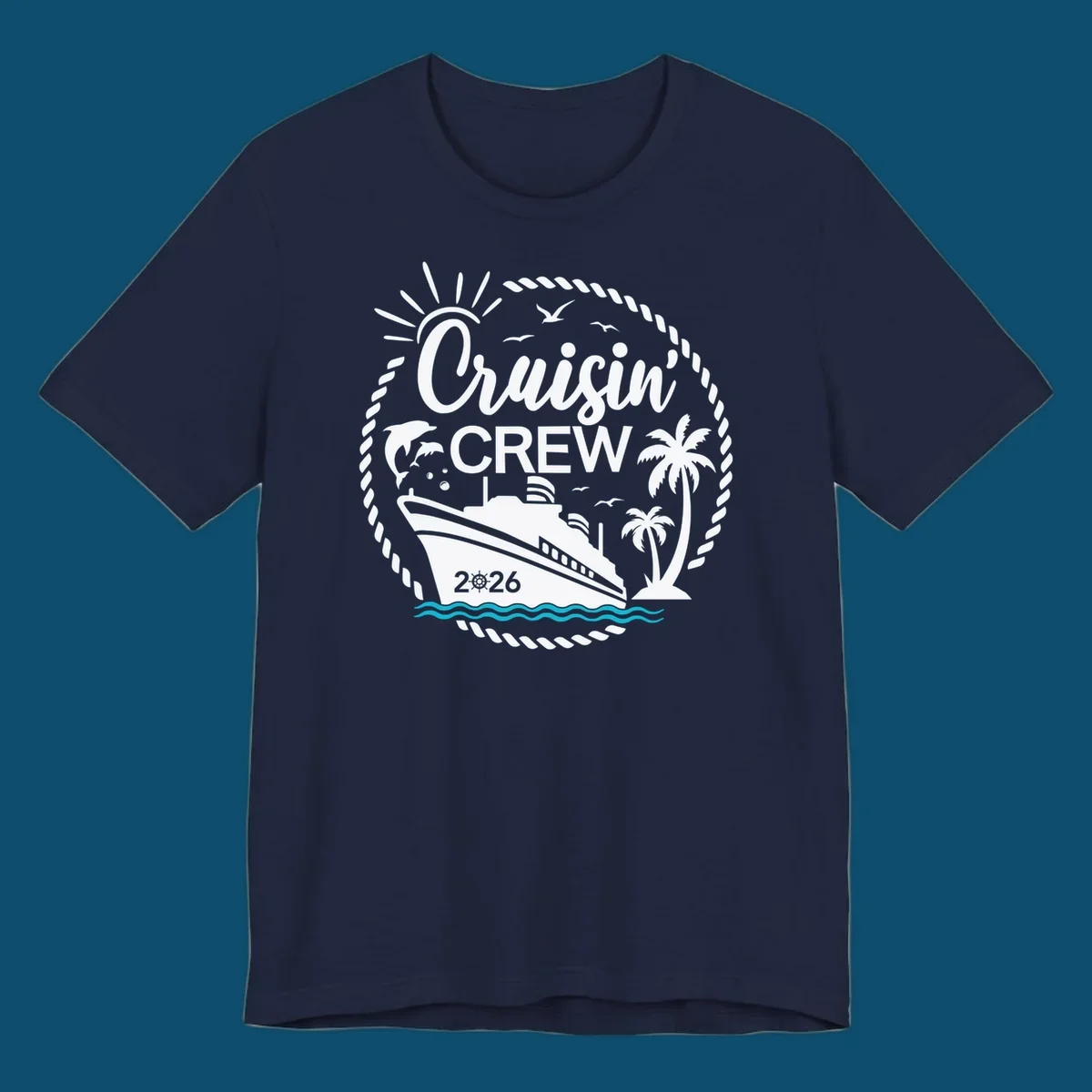 A circular Cruisin' Crew 2026 design with a cruise ship, dolphin, palm trees, sun, and rope border.