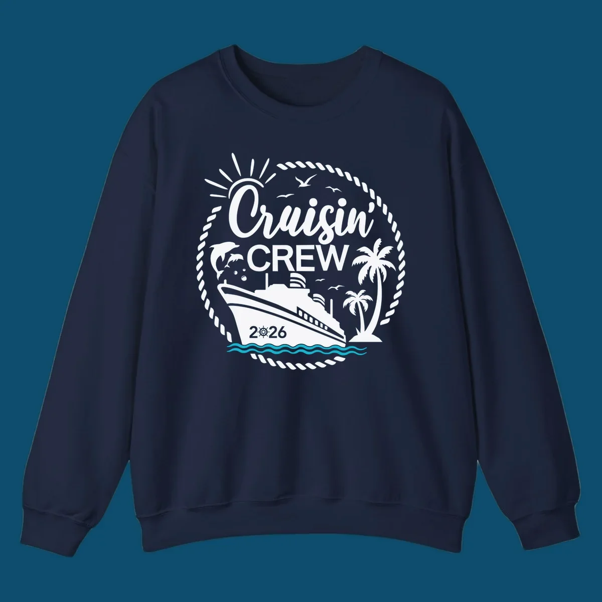 A circular Cruisin' Crew 2026 design with a cruise ship, dolphin, palm trees, sun, and rope border.