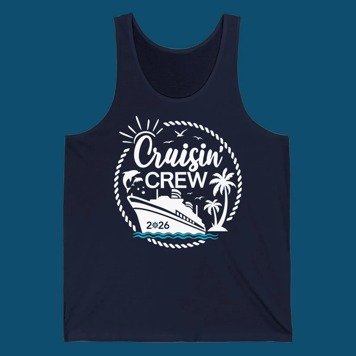 A circular Cruisin' Crew 2026 design with a cruise ship, dolphin, palm trees, sun, and rope border.