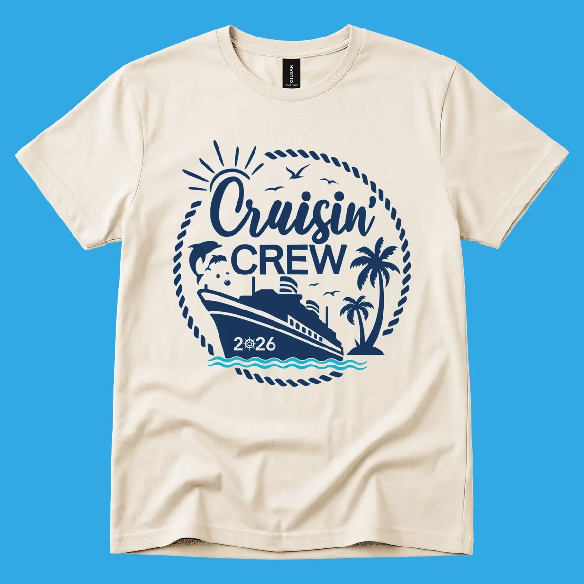 A circular Cruisin' Crew 2026 design with a cruise ship, dolphin, palm trees, sun, and rope border.