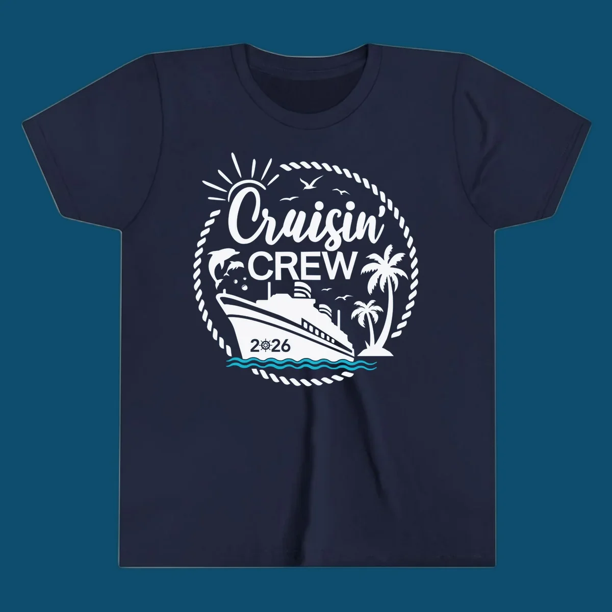 A circular Cruisin' Crew 2026 design with a cruise ship, dolphin, palm trees, sun, and rope border.