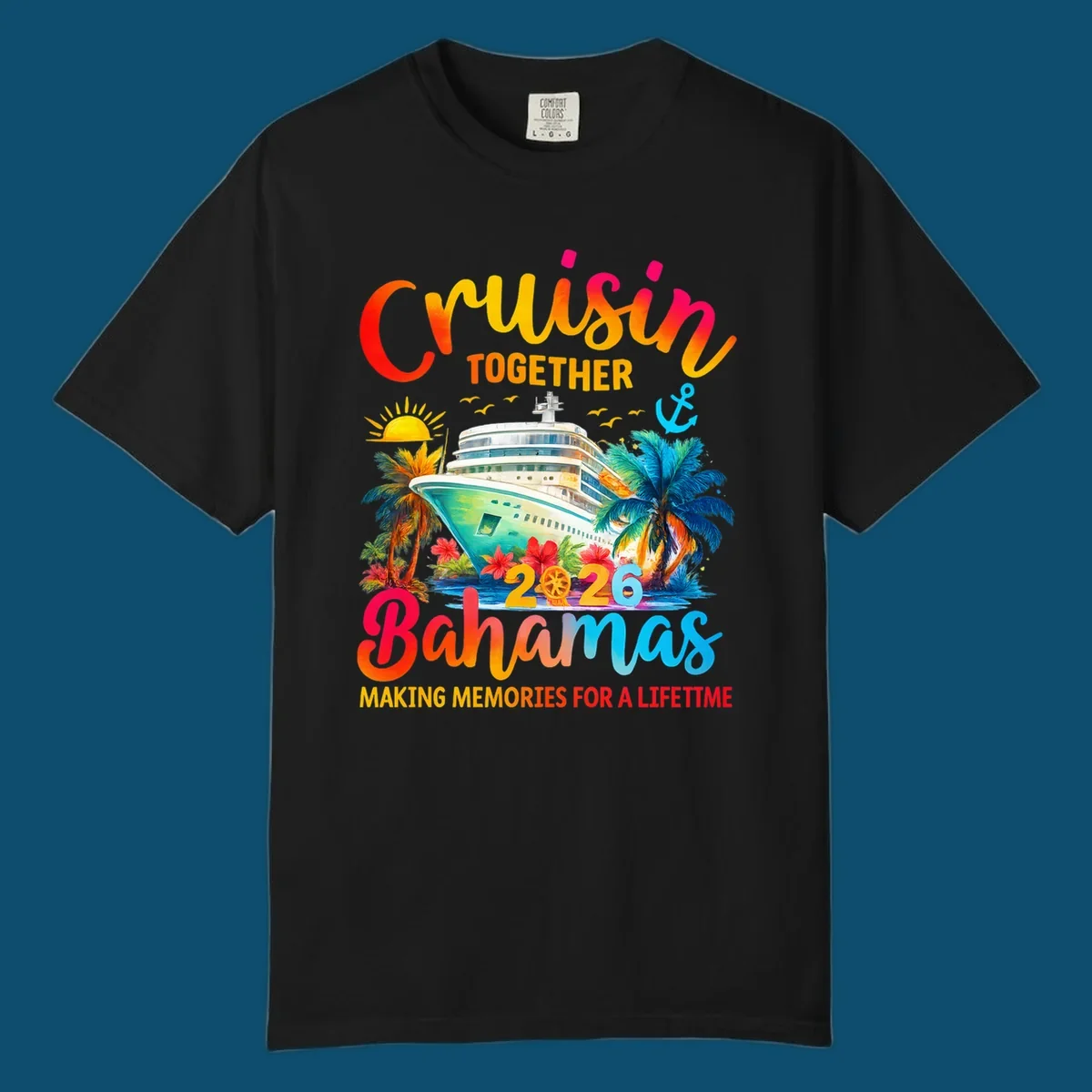Vibrant illustration of a cruise ship surrounded by palm trees and tropical flowers, with "CRUISIN TOGETHER 2026 Bahamas MAKING MEMORIES FOR A LIFETIME" text, representing a cruisin-bahamas-2026 trip.
