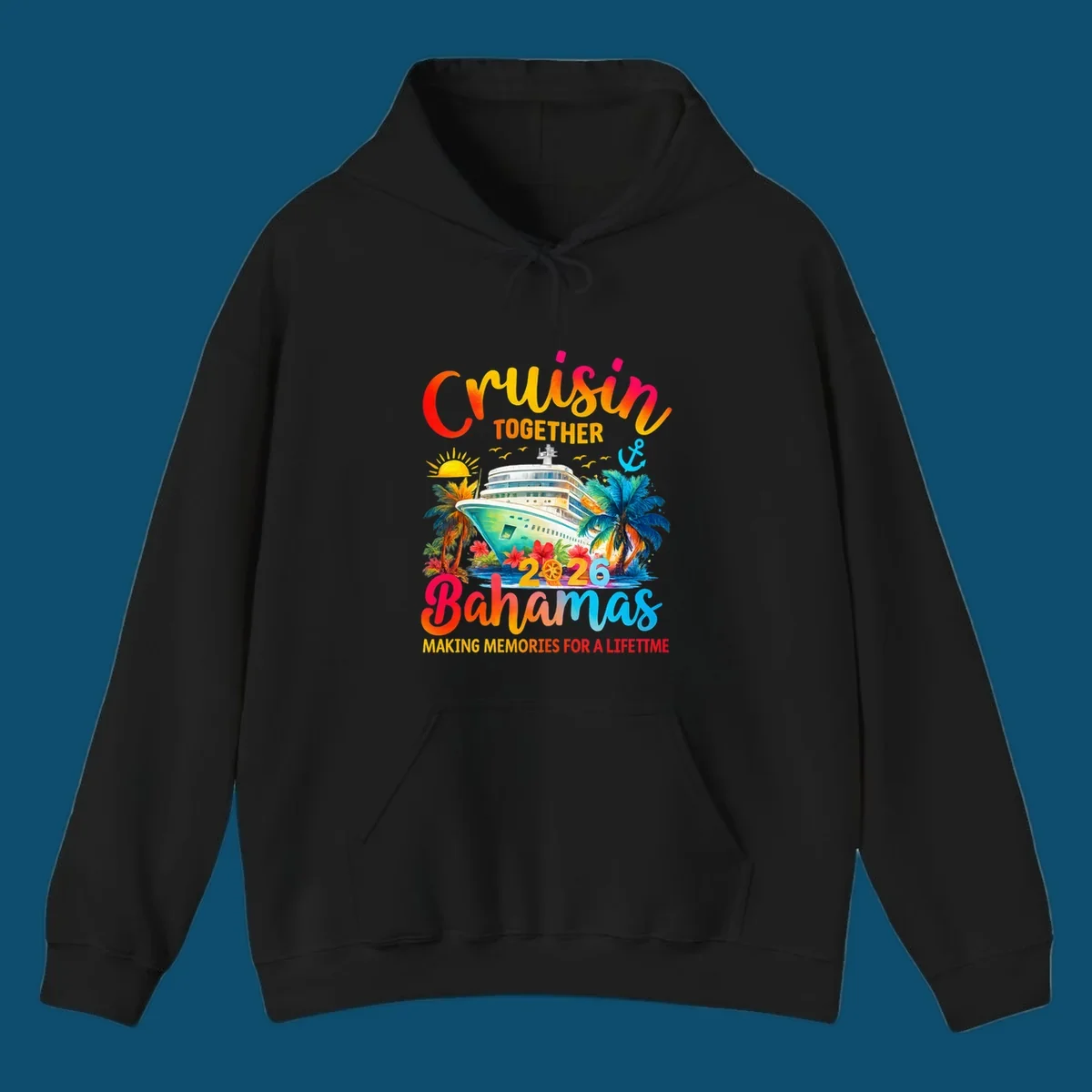 Vibrant illustration of a cruise ship surrounded by palm trees and tropical flowers, with "CRUISIN TOGETHER 2026 Bahamas MAKING MEMORIES FOR A LIFETIME" text, representing a cruisin-bahamas-2026 trip.