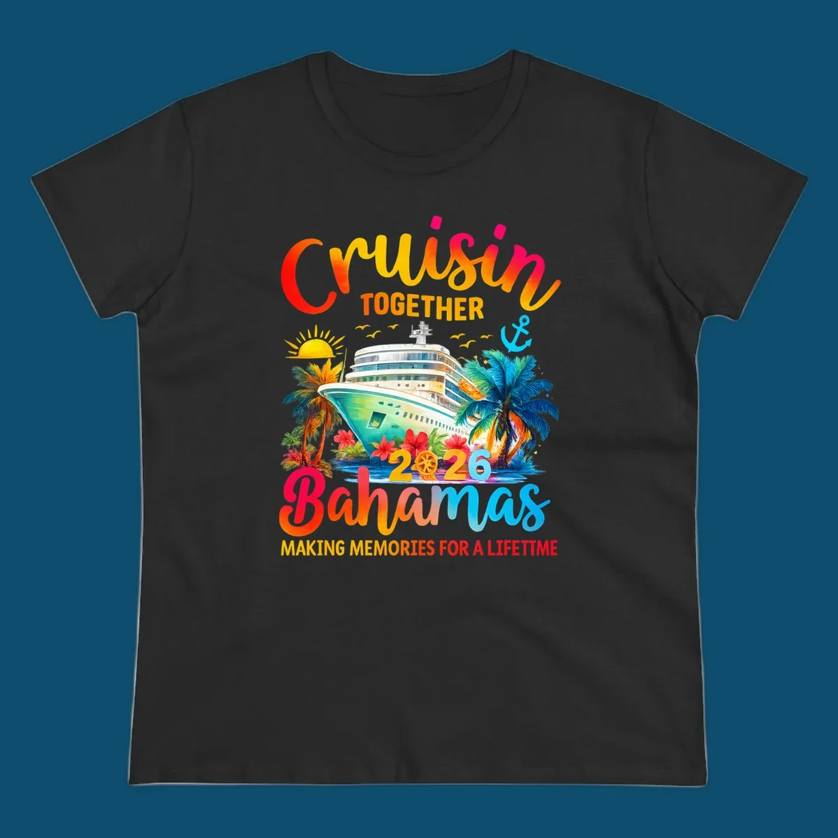 Vibrant illustration of a cruise ship surrounded by palm trees and tropical flowers, with "CRUISIN TOGETHER 2026 Bahamas MAKING MEMORIES FOR A LIFETIME" text, representing a cruisin-bahamas-2026 trip.