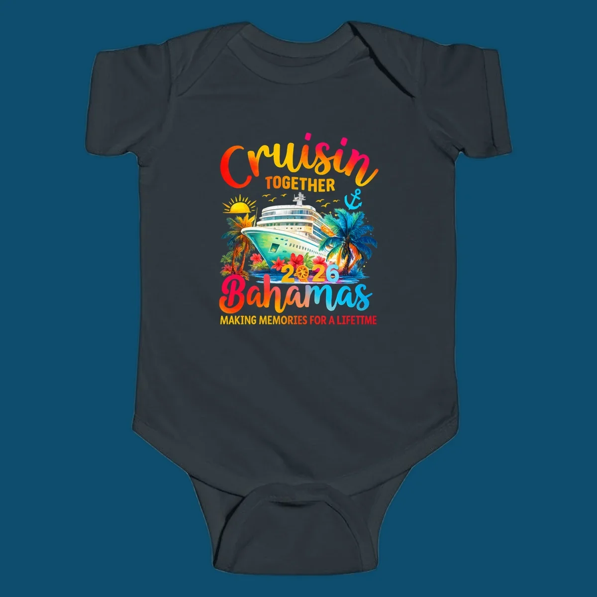 Vibrant illustration of a cruise ship surrounded by palm trees and tropical flowers, with "CRUISIN TOGETHER 2026 Bahamas MAKING MEMORIES FOR A LIFETIME" text, representing a cruisin-bahamas-2026 trip.