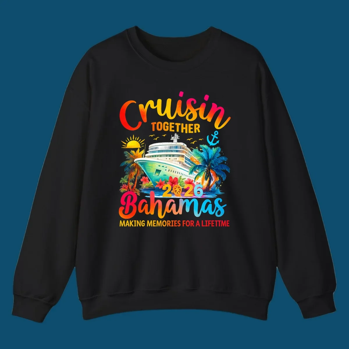 Vibrant illustration of a cruise ship surrounded by palm trees and tropical flowers, with "CRUISIN TOGETHER 2026 Bahamas MAKING MEMORIES FOR A LIFETIME" text, representing a cruisin-bahamas-2026 trip.