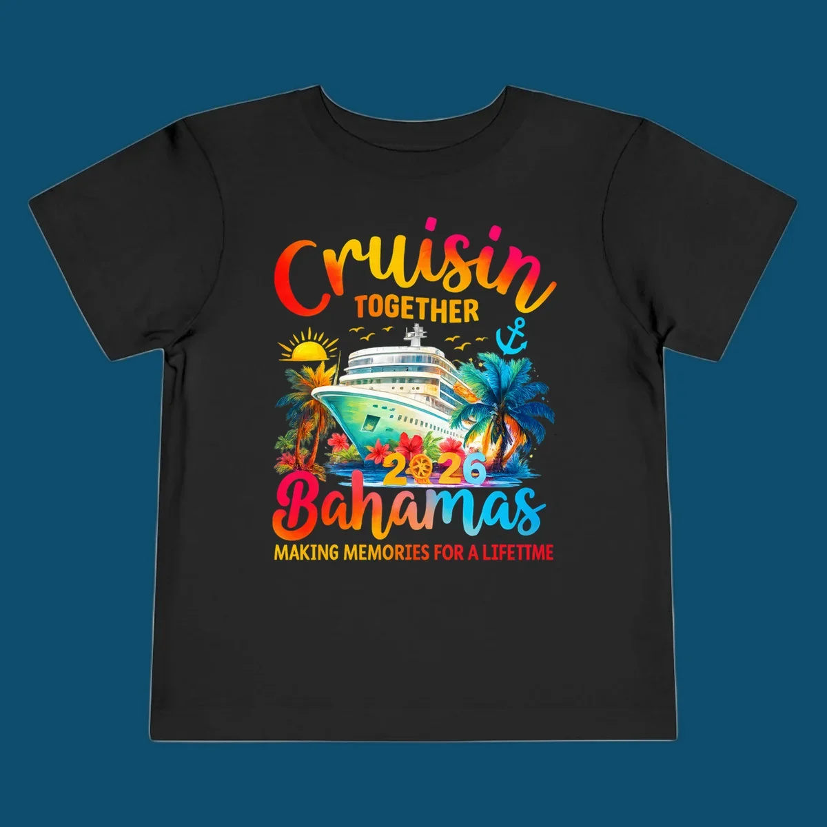 Vibrant illustration of a cruise ship surrounded by palm trees and tropical flowers, with "CRUISIN TOGETHER 2026 Bahamas MAKING MEMORIES FOR A LIFETIME" text, representing a cruisin-bahamas-2026 trip.