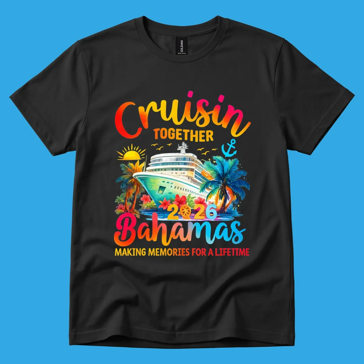 Vibrant illustration of a cruise ship surrounded by palm trees and tropical flowers, with "CRUISIN TOGETHER 2026 Bahamas MAKING MEMORIES FOR A LIFETIME" text, representing a cruisin-bahamas-2026 trip.