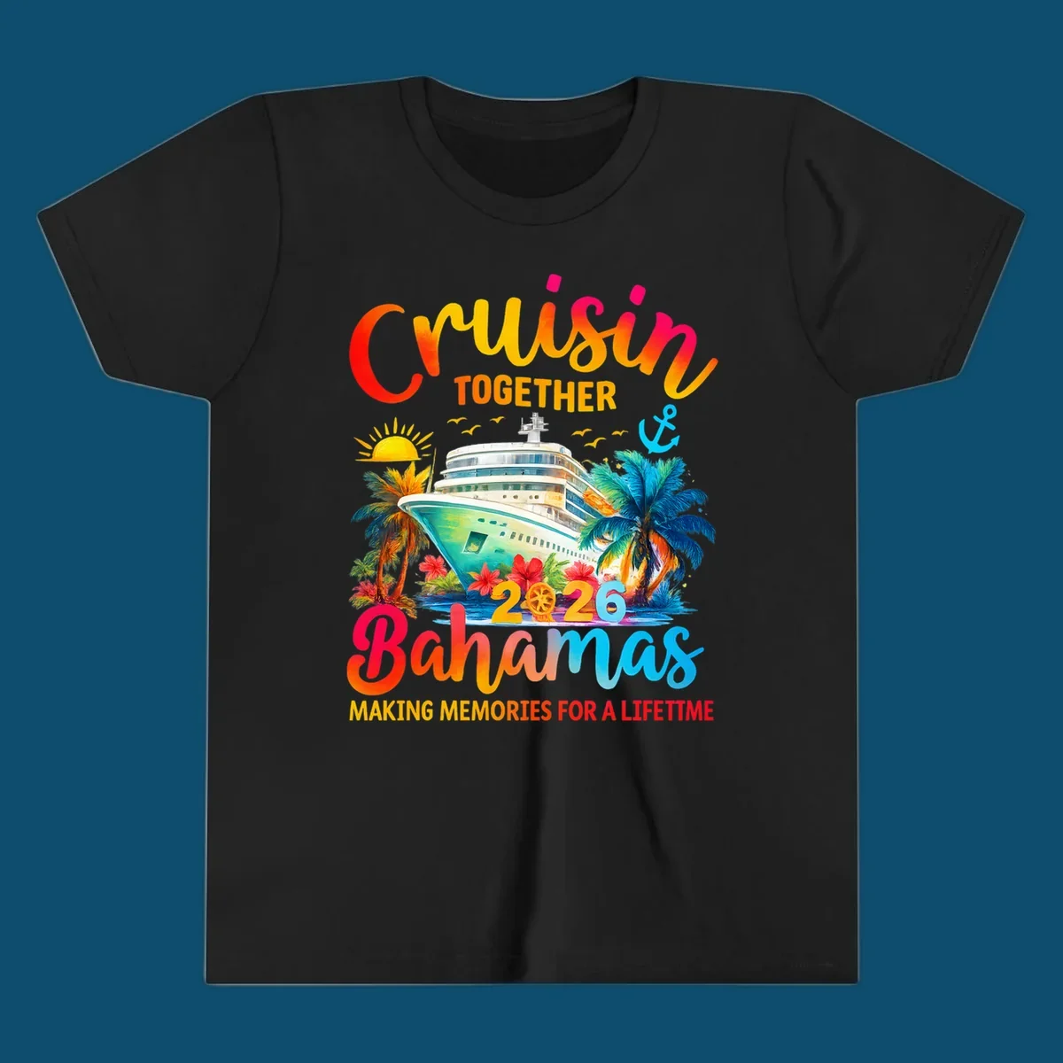 Vibrant illustration of a cruise ship surrounded by palm trees and tropical flowers, with "CRUISIN TOGETHER 2026 Bahamas MAKING MEMORIES FOR A LIFETIME" text, representing a cruisin-bahamas-2026 trip.